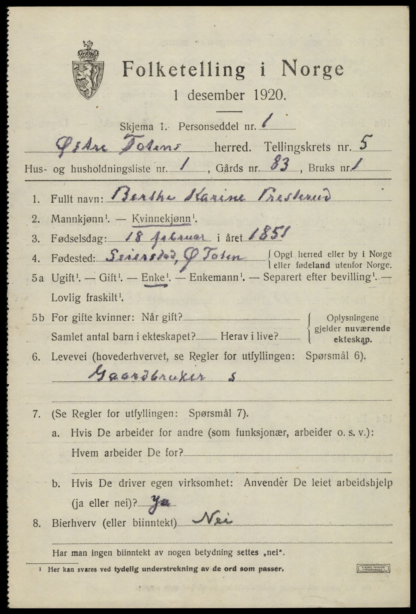 SAH, Folketelling 1920 for 0528 Østre Toten herred, 1920, s. 10794