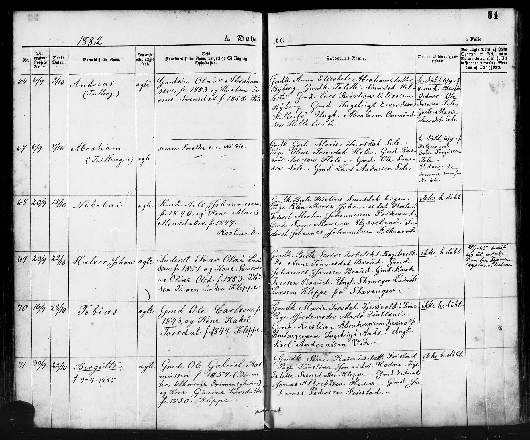 Klepp sokneprestkontor, AV/SAST-A-101803/001/3/30BA/L0006: Ministerialbok nr. A 6, 1871-1885, s. 84
