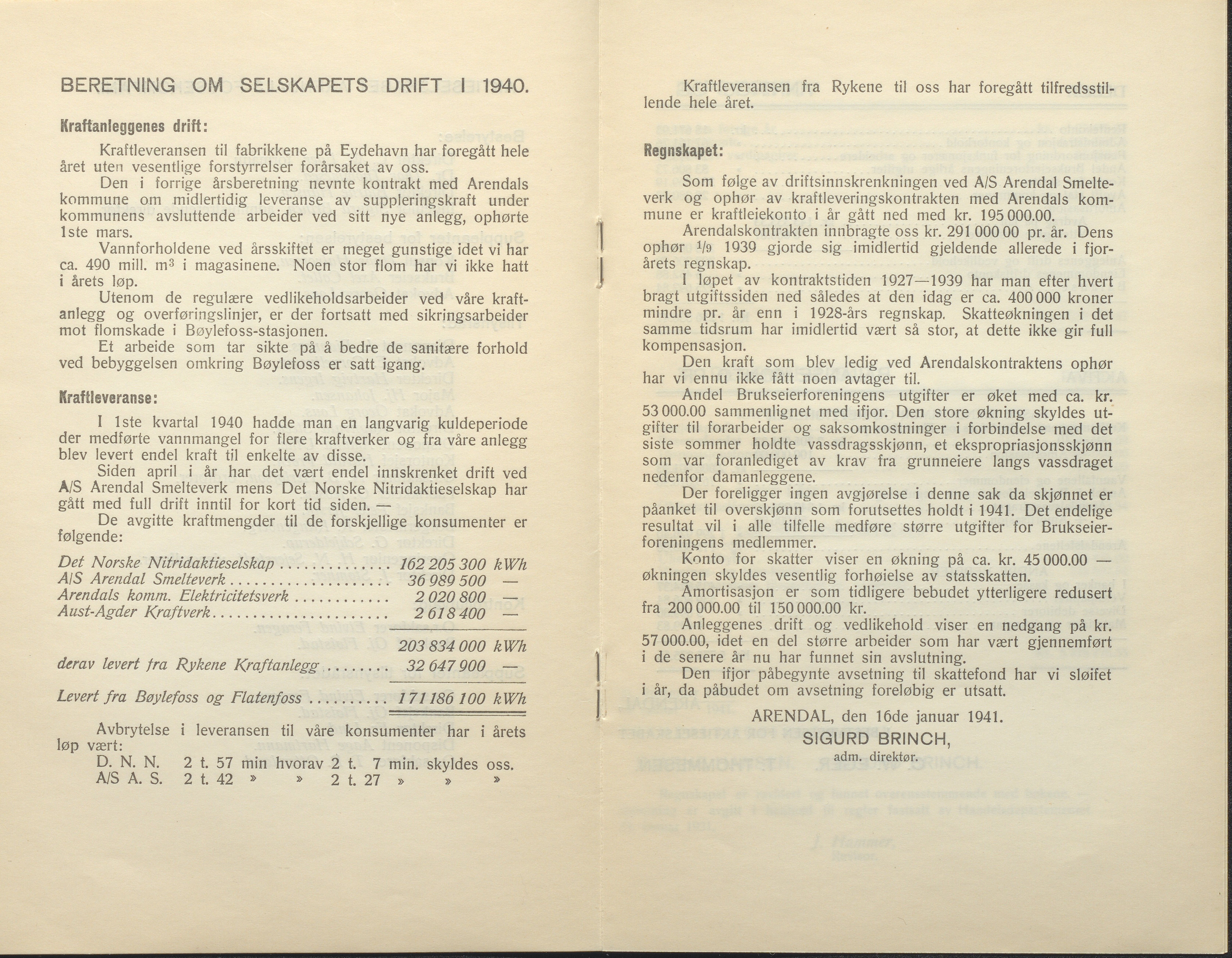 Arendals Fossekompani, AAKS/PA-2413/X/X01/L0001/0010: Beretninger, regnskap, balansekonto, gevinst- og tapskonto / Årsberetning og regnskap 1936 - 1942, 1936-1942