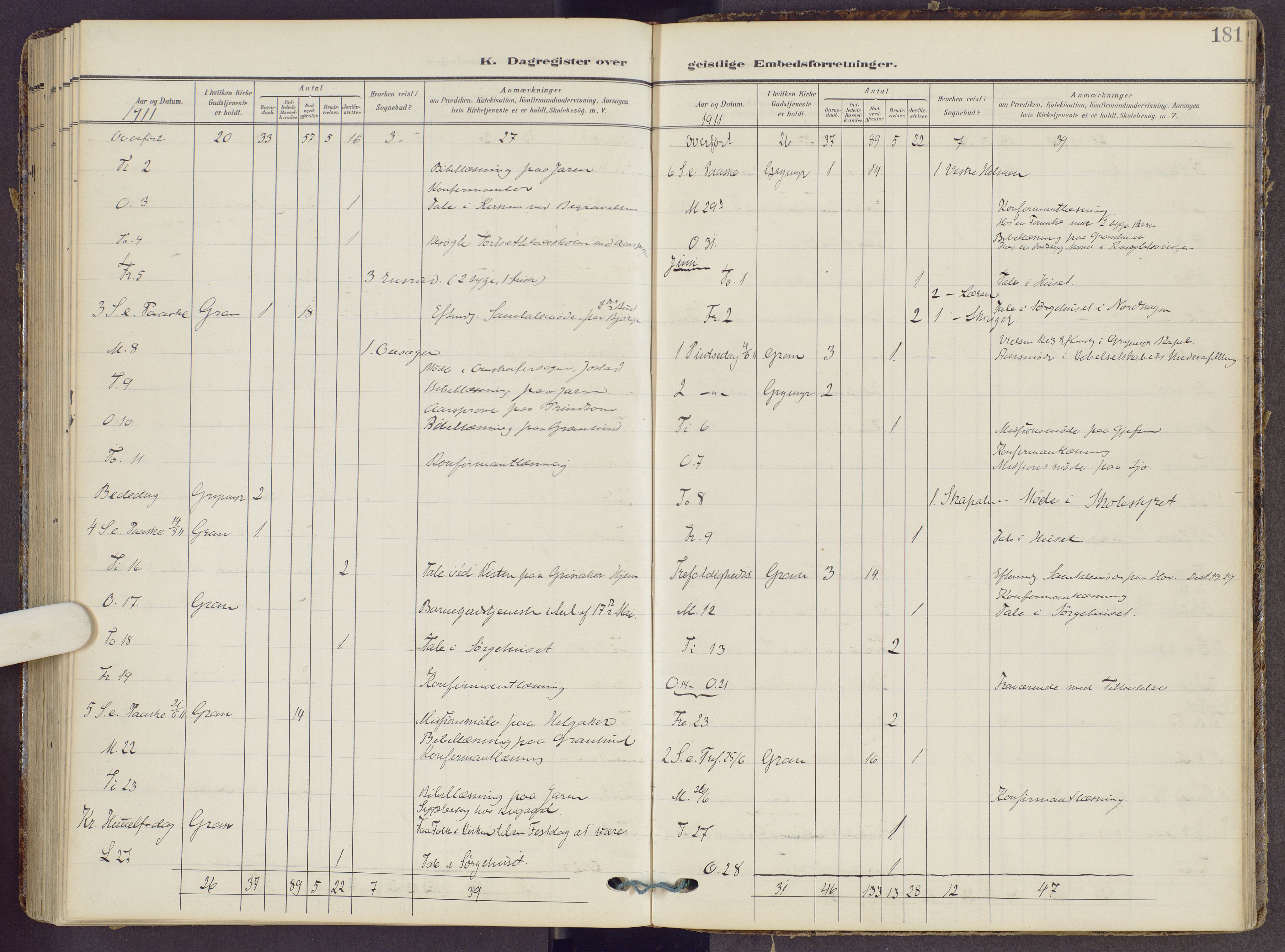 Gran prestekontor, AV/SAH-PREST-112/H/Ha/Haa/L0022: Ministerialbok nr. 22, 1908-1918, s. 181