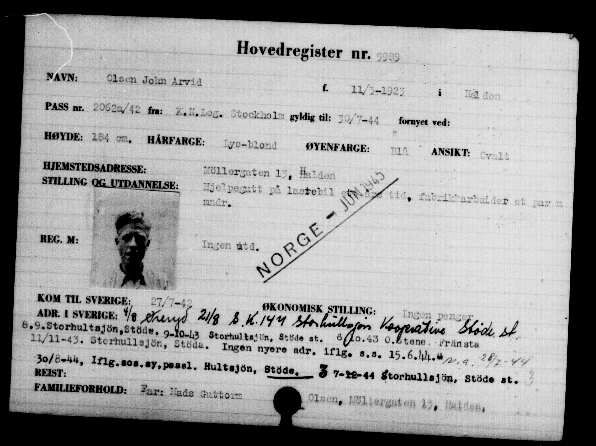 Utenriksstasjonene, Legasjonen i Stockholm, Flyktningkontoret, AV/RA-S-6753/V/Va/L0004: Kjesäterkartoteket, flyktninger med registreringsnr. 3496-6610, 1940-1945, s. 2913