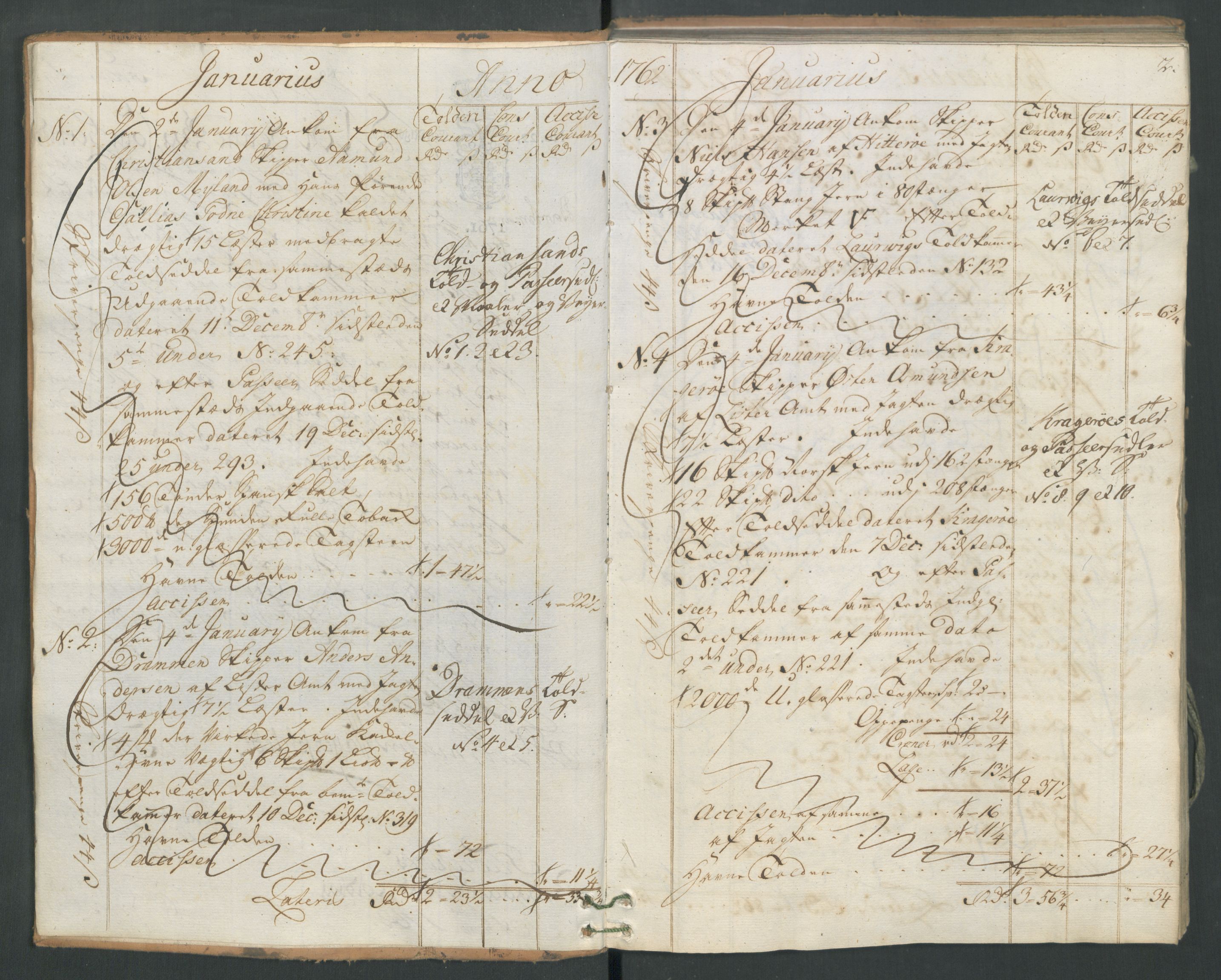 Generaltollkammeret, tollregnskaper, AV/RA-EA-5490/R19/L0021a/0001: Tollregnskaper Flekkefjord / Inngående hovedtollbok, 1762, s. 1b-2a