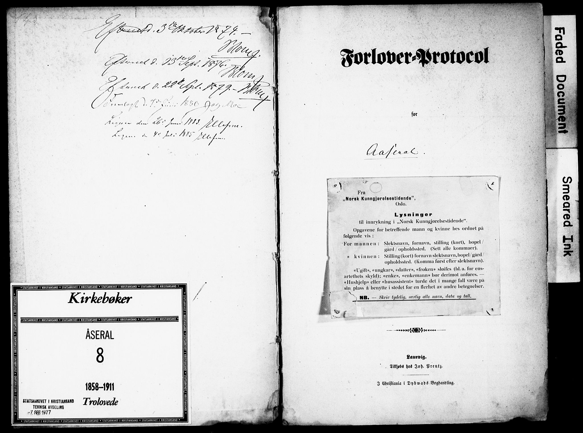 Åseral sokneprestkontor, SAK/1111-0051/F/Fe/L0001: Forlovererklæringer nr. II.5.1, 1858-1911