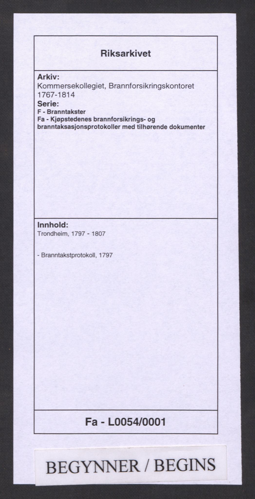 Kommersekollegiet, Brannforsikringskontoret 1767-1814, AV/RA-EA-5458/F/Fa/L0054/0001: Trondheim / Branntakstprotokoll, 1797