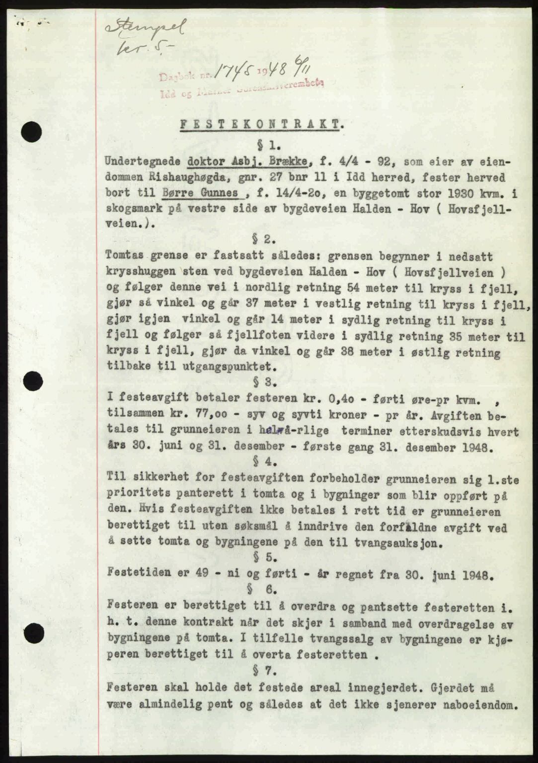 Idd og Marker sorenskriveri, SAO/A-10283/G/Gb/Gbb/L0011: Pantebok nr. A11, 1948-1949, Dagboknr: 1745/1948
