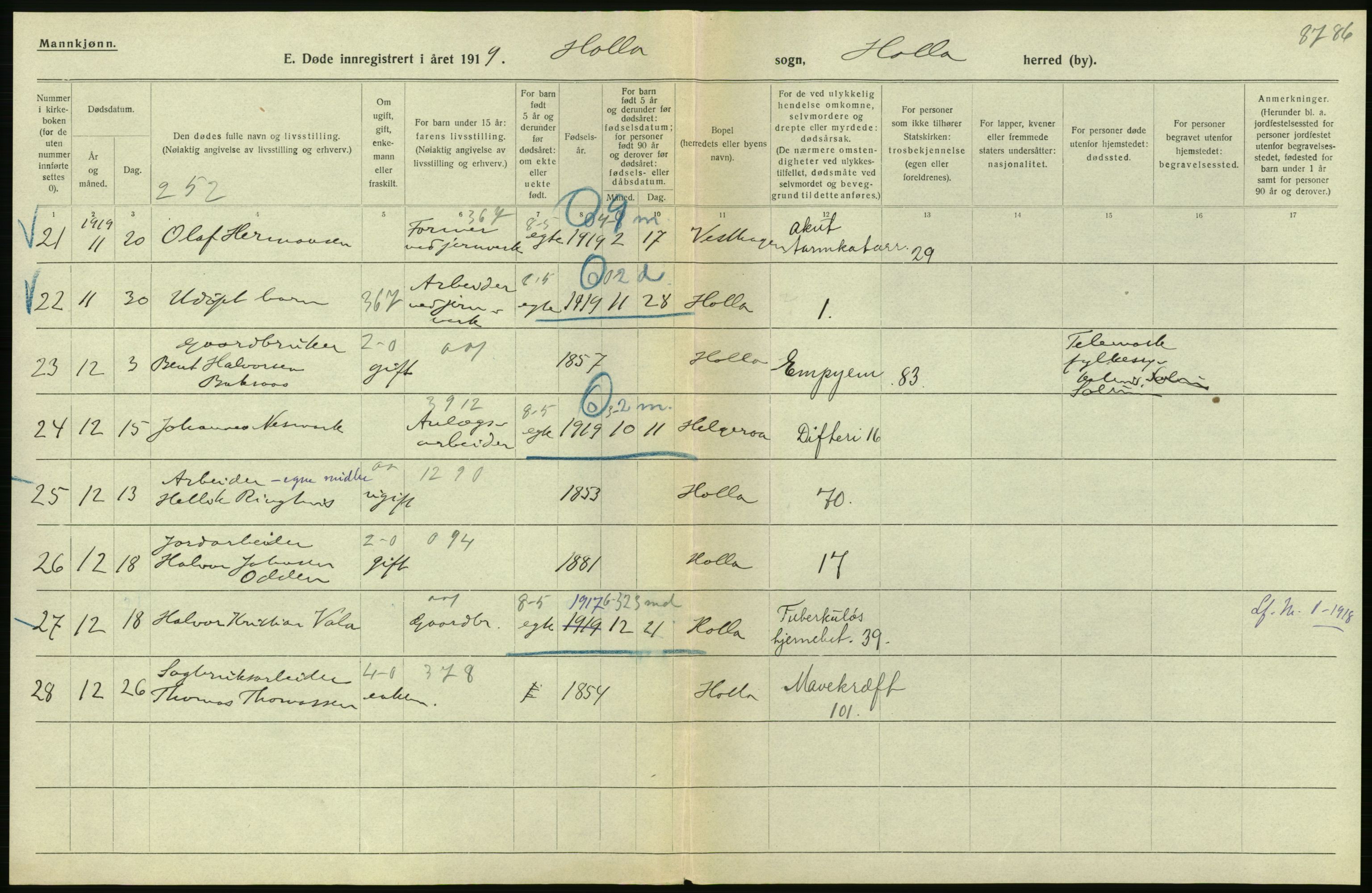 Statistisk sentralbyrå, Sosiodemografiske emner, Befolkning, AV/RA-S-2228/D/Df/Dfb/Dfbi/L0023: Telemark fylke: Døde. Bygder og byer., 1919, s. 80