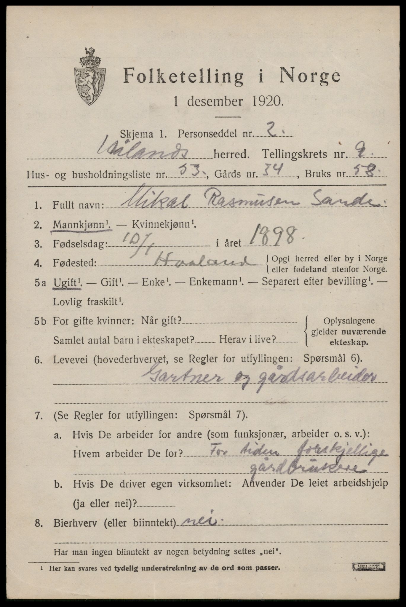 SAST, Folketelling 1920 for 1124 Håland herred, 1920, s. 7503