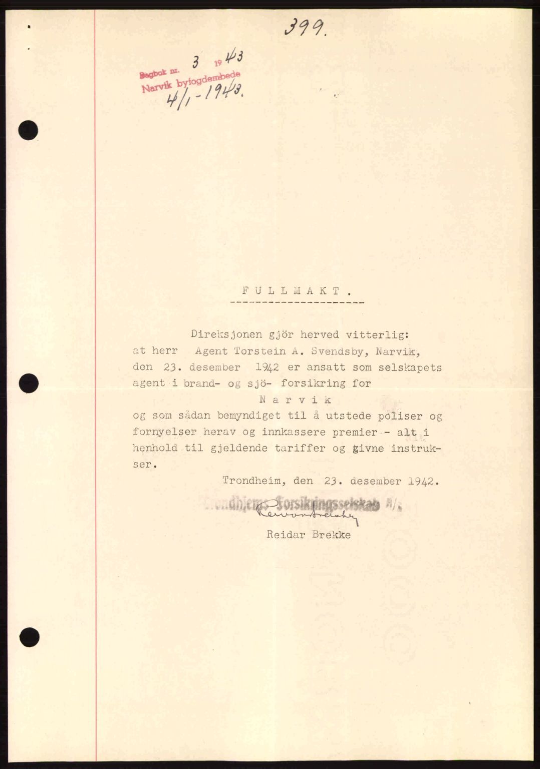 Narvik sorenskriveri, SAT/A-0002/1/2/2C/2Ca: Pantebok nr. A19, 1942-1943, Dagboknr: 3/1943