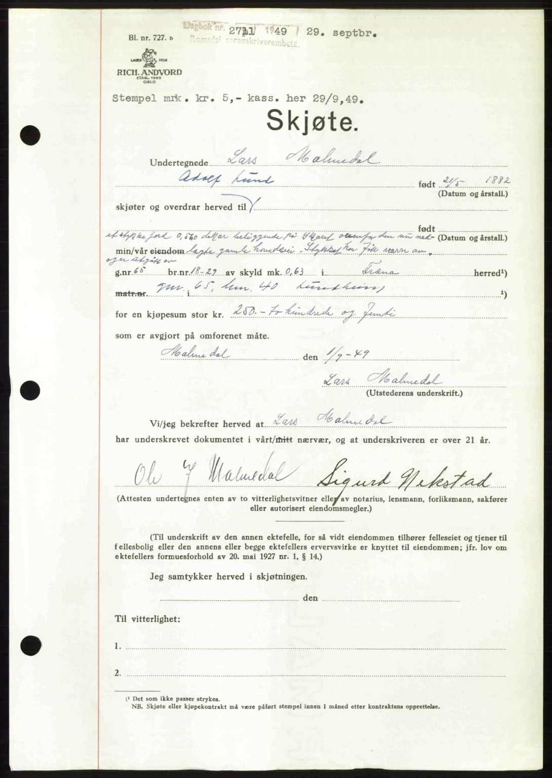 Romsdal sorenskriveri, SAT/A-4149/1/2/2C: Pantebok nr. A31, 1949-1949, Dagboknr: 2711/1949