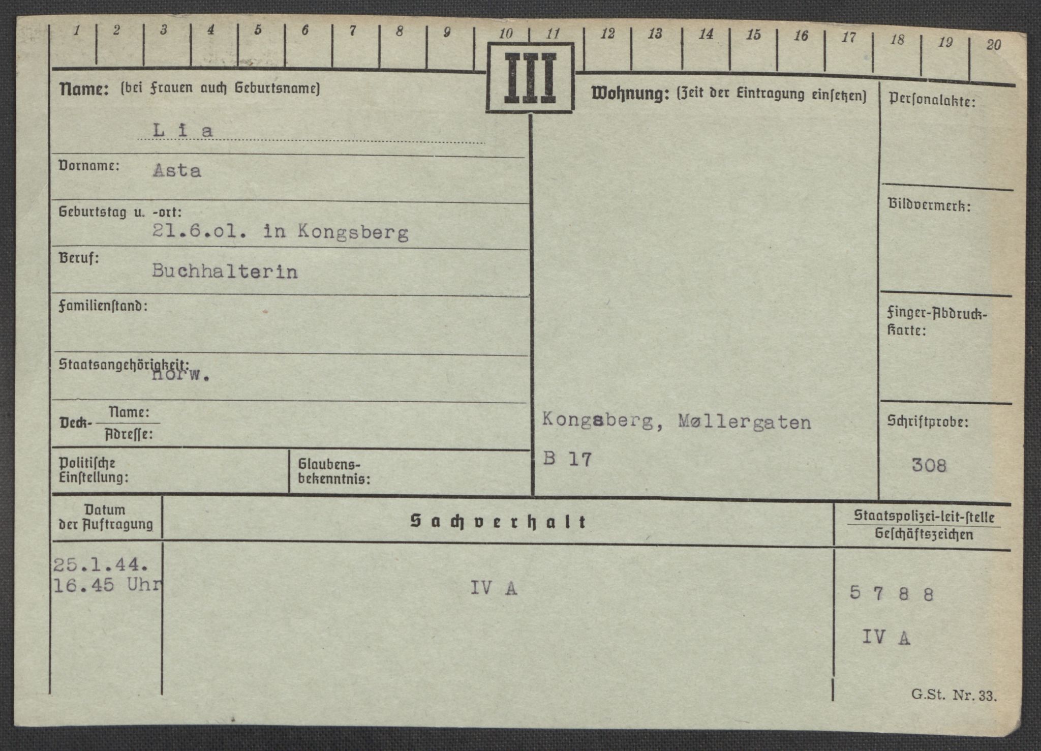 Befehlshaber der Sicherheitspolizei und des SD, RA/RAFA-5969/E/Ea/Eaa/L0006: Register over norske fanger i Møllergata 19: Kj-Lund, 1940-1945, s. 1023
