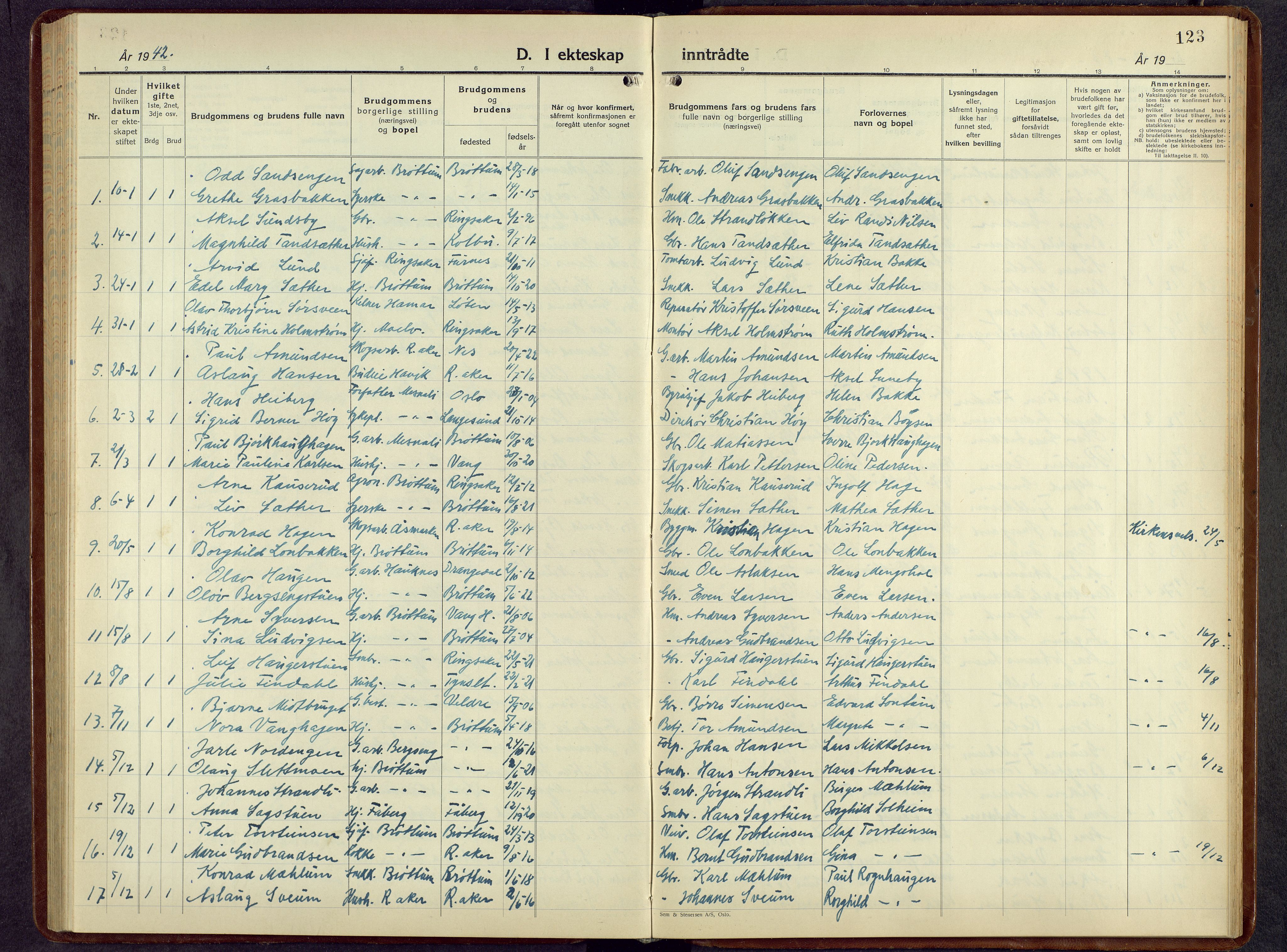 Brøttum prestekontor, SAH/PREST-016/L/La/L0002: Klokkerbok nr. 2, 1940-1958, s. 123