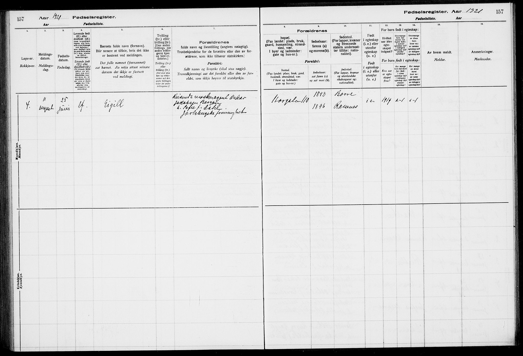 Horten kirkebøker, SAKO/A-348/J/Ja/L0001: Fødselsregister nr. 1, 1916-1923, s. 157