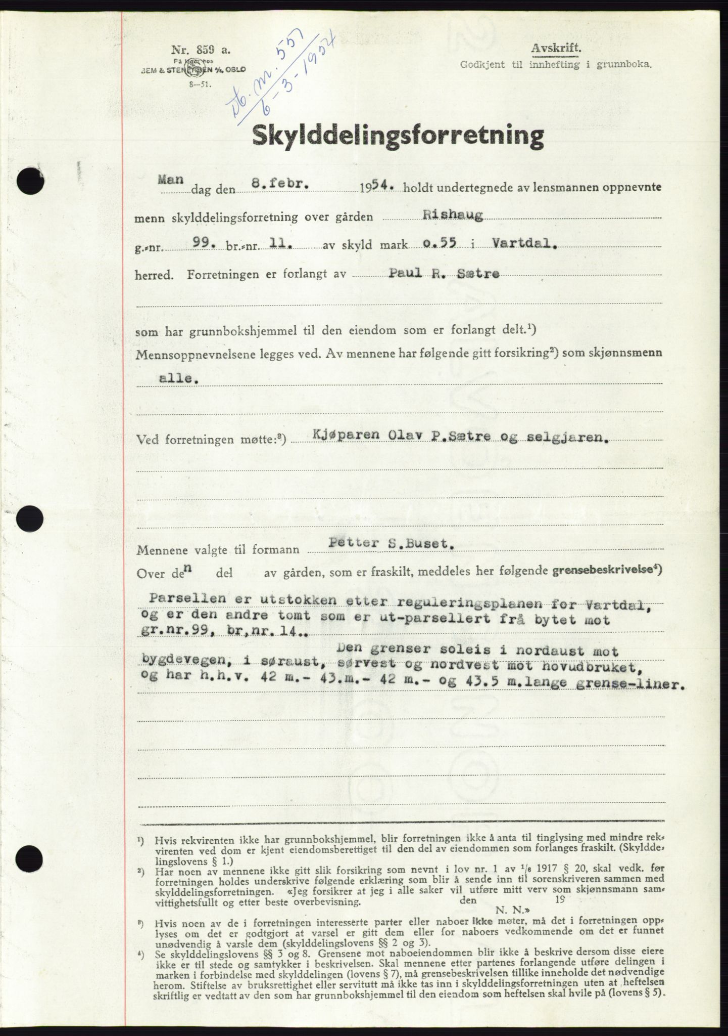 Søre Sunnmøre sorenskriveri, SAT/A-4122/1/2/2C/L0097: Pantebok nr. 23A, 1954-1954, Dagboknr: 557/1954