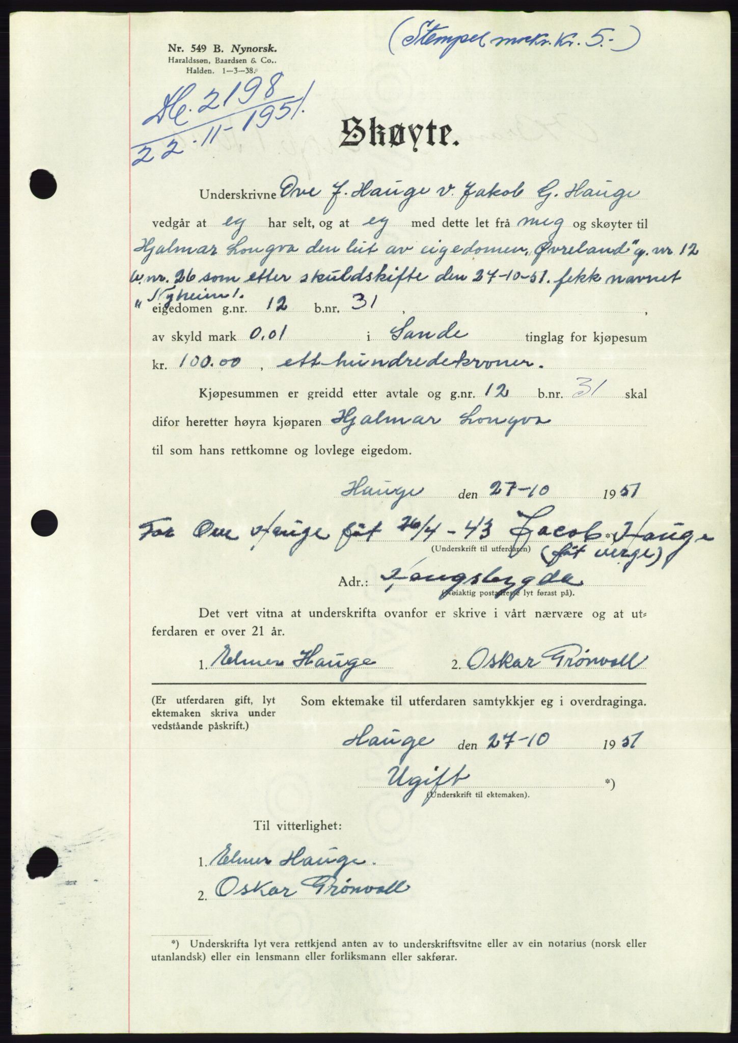 Søre Sunnmøre sorenskriveri, AV/SAT-A-4122/1/2/2C/L0090: Pantebok nr. 16A, 1951-1951, Dagboknr: 2198/1951