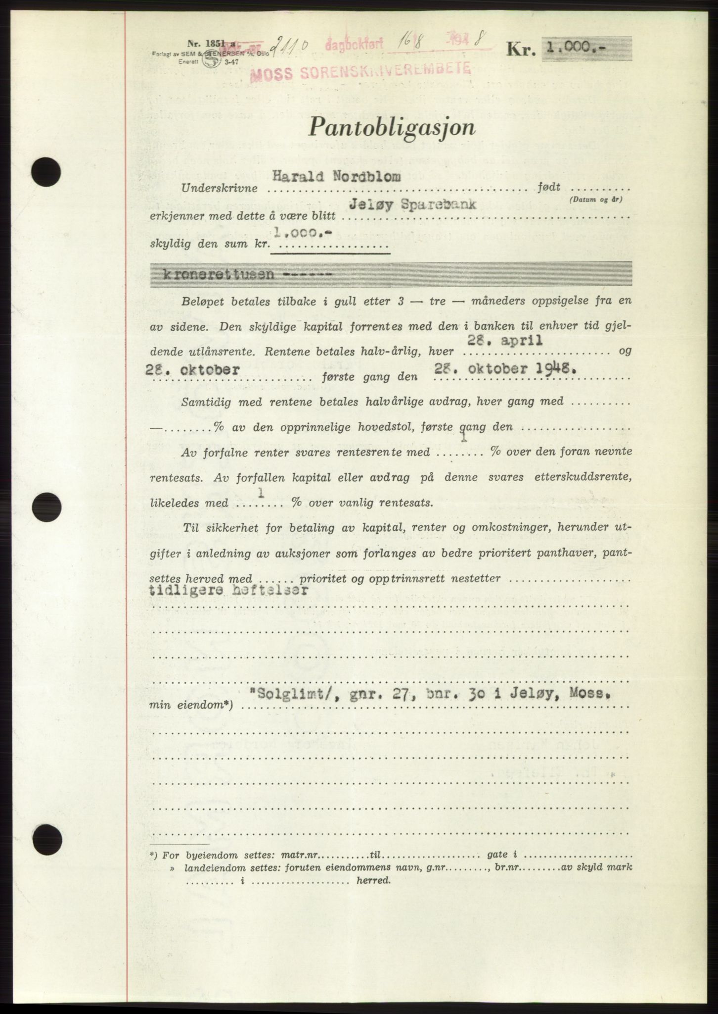 Moss sorenskriveri, AV/SAO-A-10168: Pantebok nr. B20, 1948-1948, Dagboknr: 2110/1948