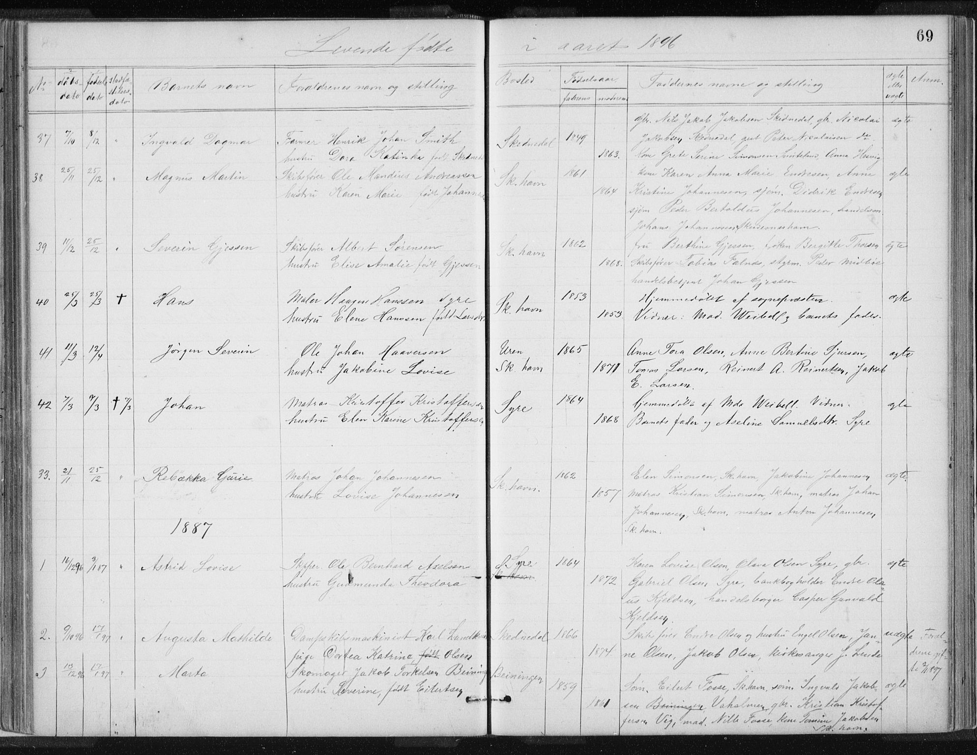 Skudenes sokneprestkontor, AV/SAST-A -101849/H/Ha/Hab/L0007: Klokkerbok nr. B 7, 1885-1899, s. 69