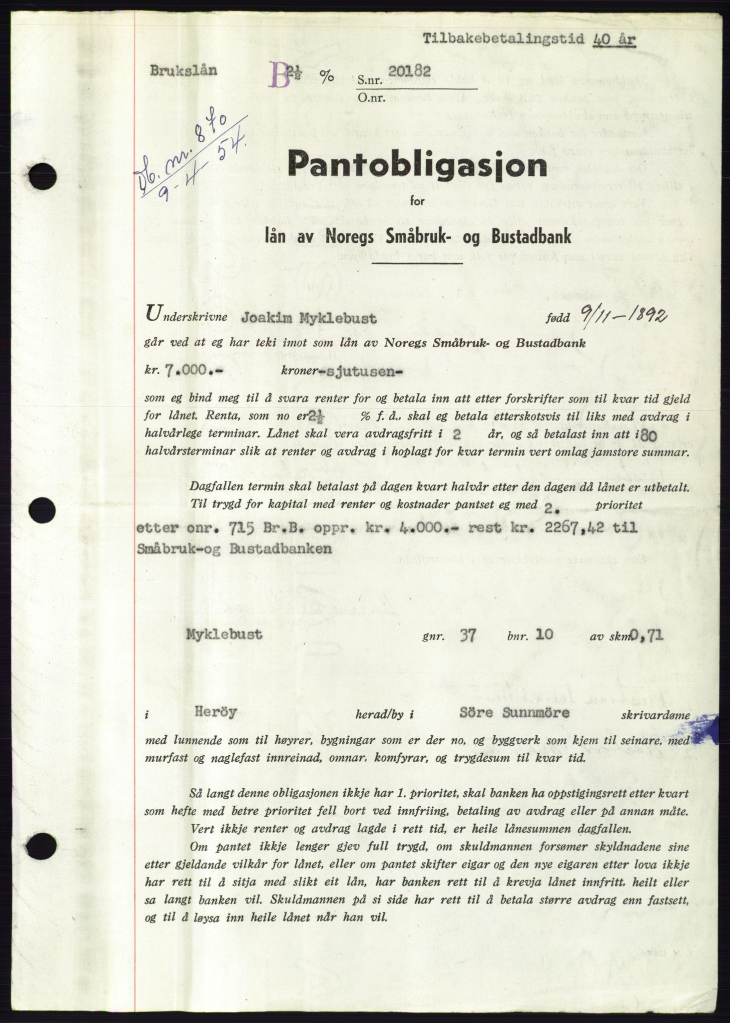 Søre Sunnmøre sorenskriveri, AV/SAT-A-4122/1/2/2C/L0125: Pantebok nr. 13B, 1954-1954, Dagboknr: 870/1954