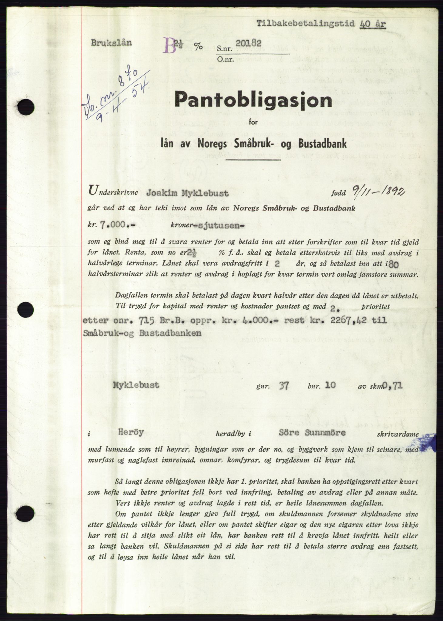 Søre Sunnmøre sorenskriveri, SAT/A-4122/1/2/2C/L0125: Pantebok nr. 13B, 1954-1954, Dagboknr: 870/1954