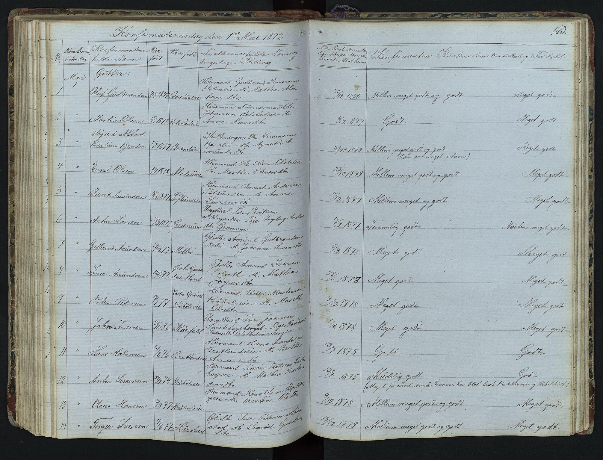 Vestre Gausdal prestekontor, AV/SAH-PREST-094/H/Ha/Hab/L0001: Klokkerbok nr. 1, 1867-1895, s. 163