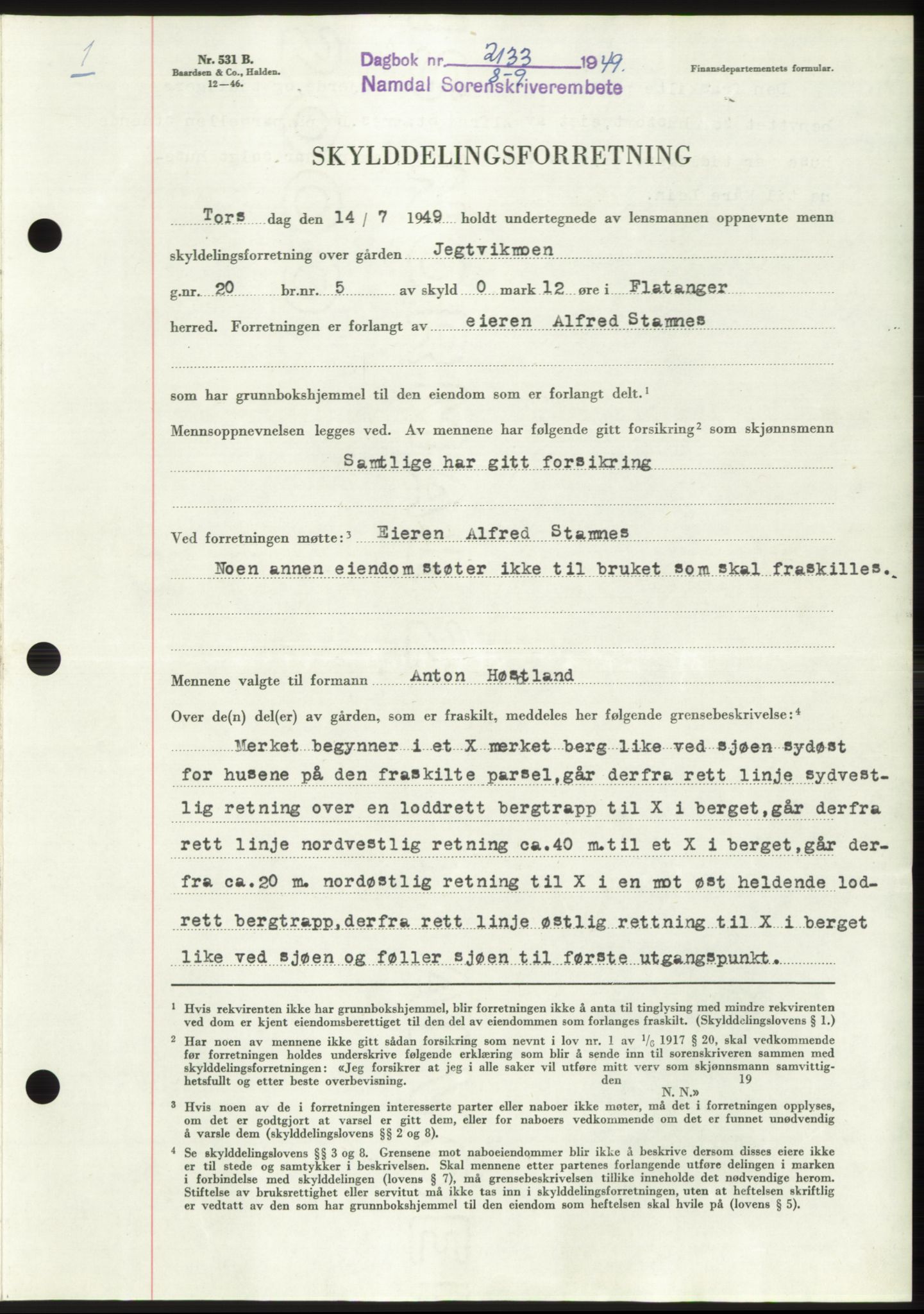 Namdal sorenskriveri, SAT/A-4133/1/2/2C: Pantebok nr. -, 1949-1949, Dagboknr: 2133/1949