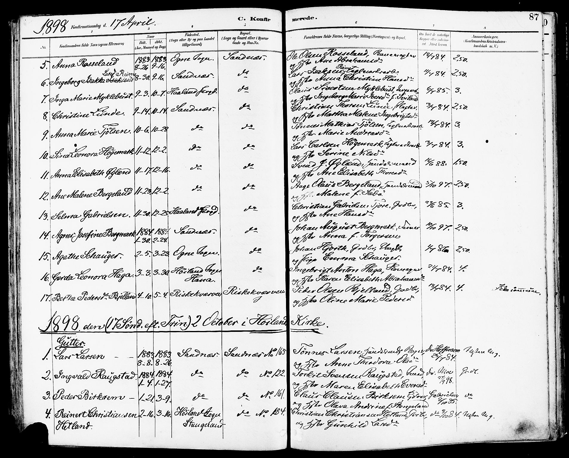 Høyland sokneprestkontor, AV/SAST-A-101799/001/30BA/L0014: Ministerialbok nr. A 12, 1890-1898, s. 87