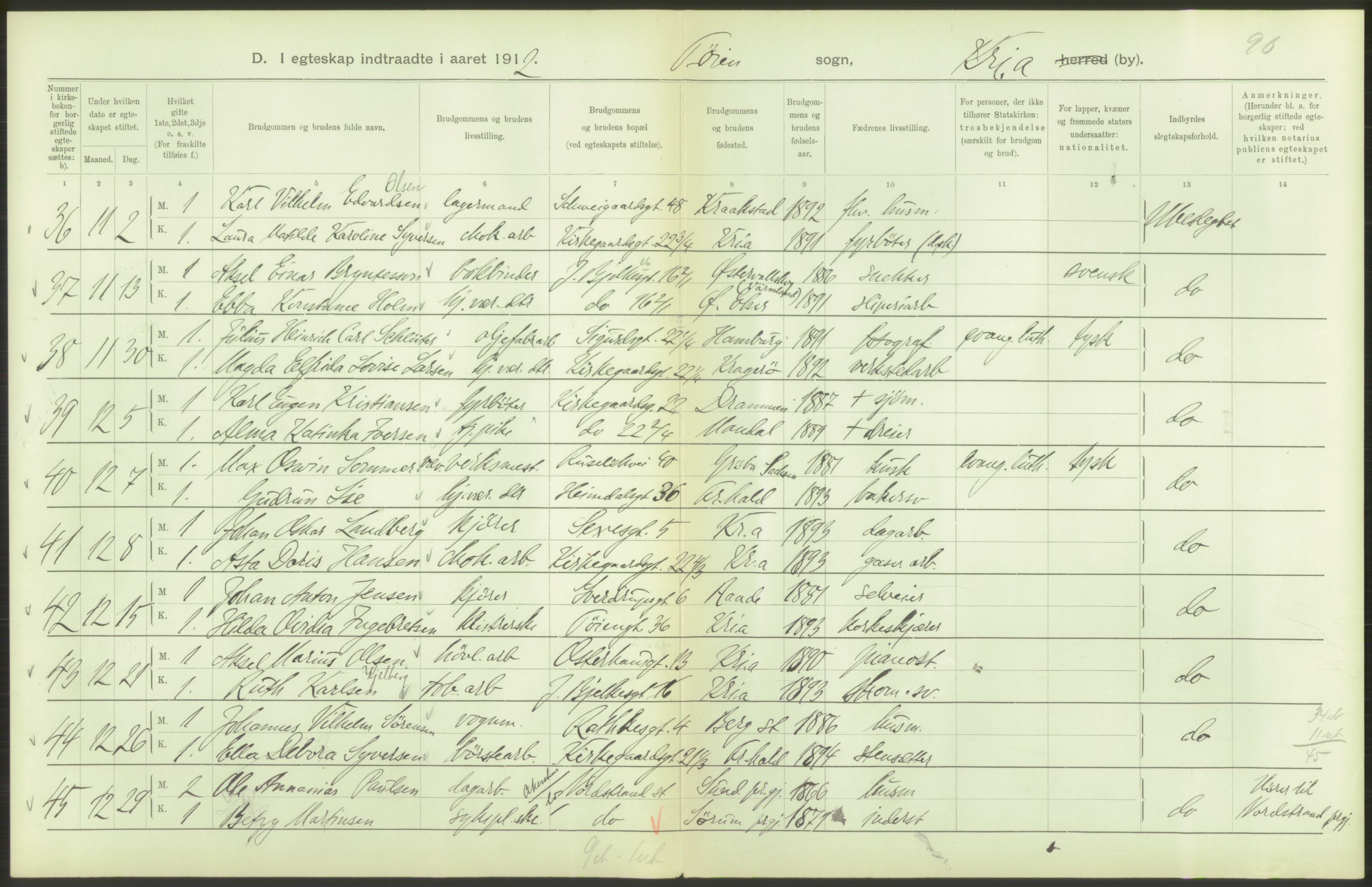 Statistisk sentralbyrå, Sosiodemografiske emner, Befolkning, AV/RA-S-2228/D/Df/Dfb/Dfbb/L0008: Kristiania: Gifte, 1912, s. 38