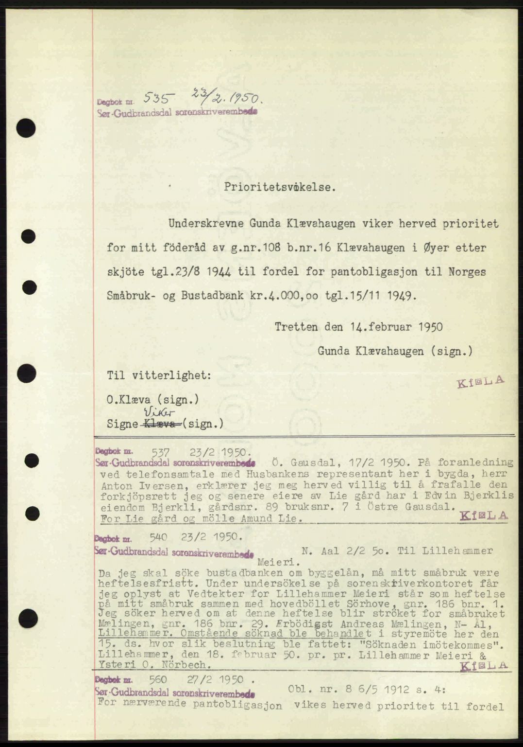 Sør-Gudbrandsdal tingrett, SAH/TING-004/H/Hb/Hbf/L0004: Pantebok nr. C5b, 1945-1951, Dagboknr: 535/1950