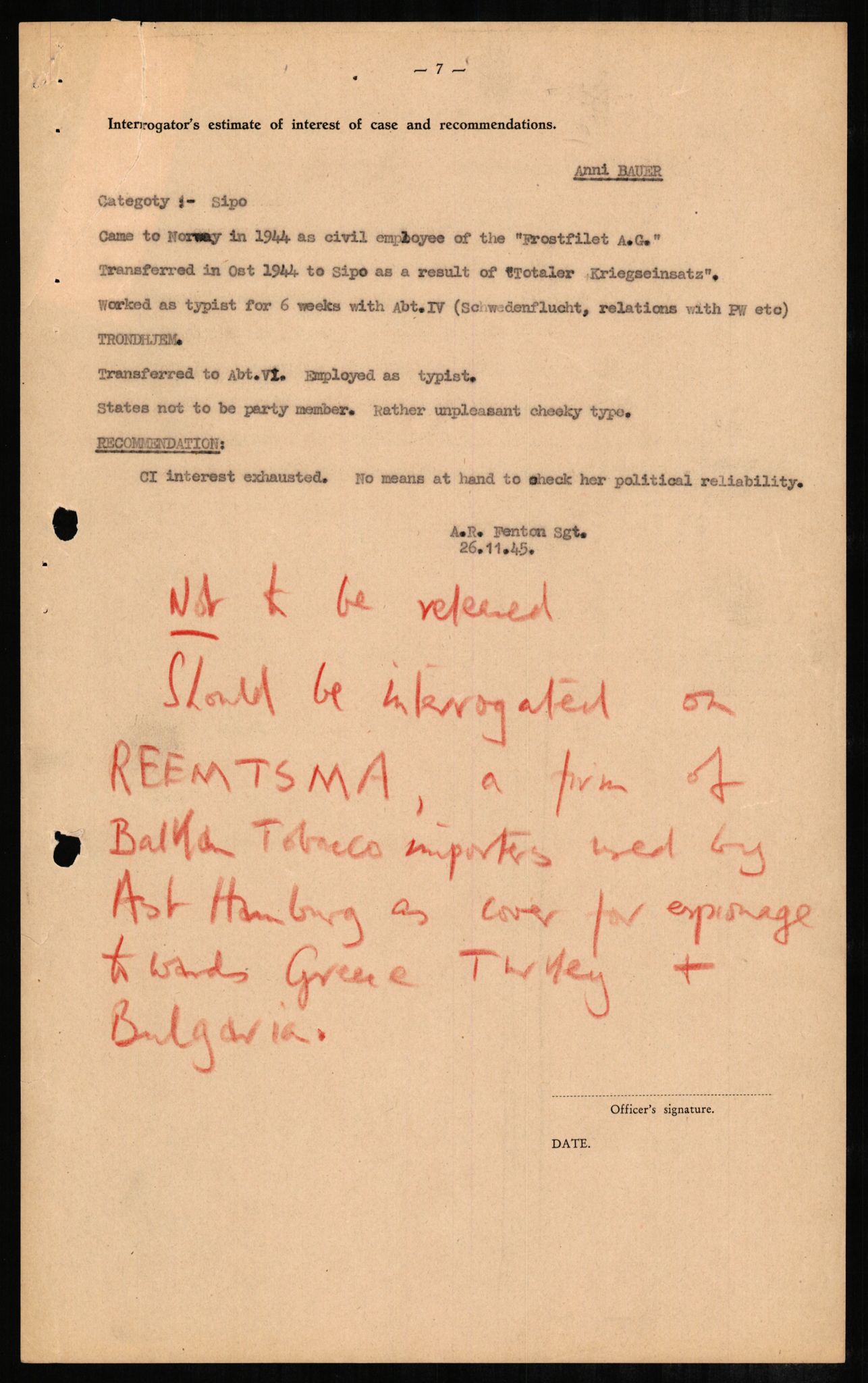 Forsvaret, Forsvarets overkommando II, RA/RAFA-3915/D/Db/L0002: CI Questionaires. Tyske okkupasjonsstyrker i Norge. Tyskere., 1945-1946, s. 219