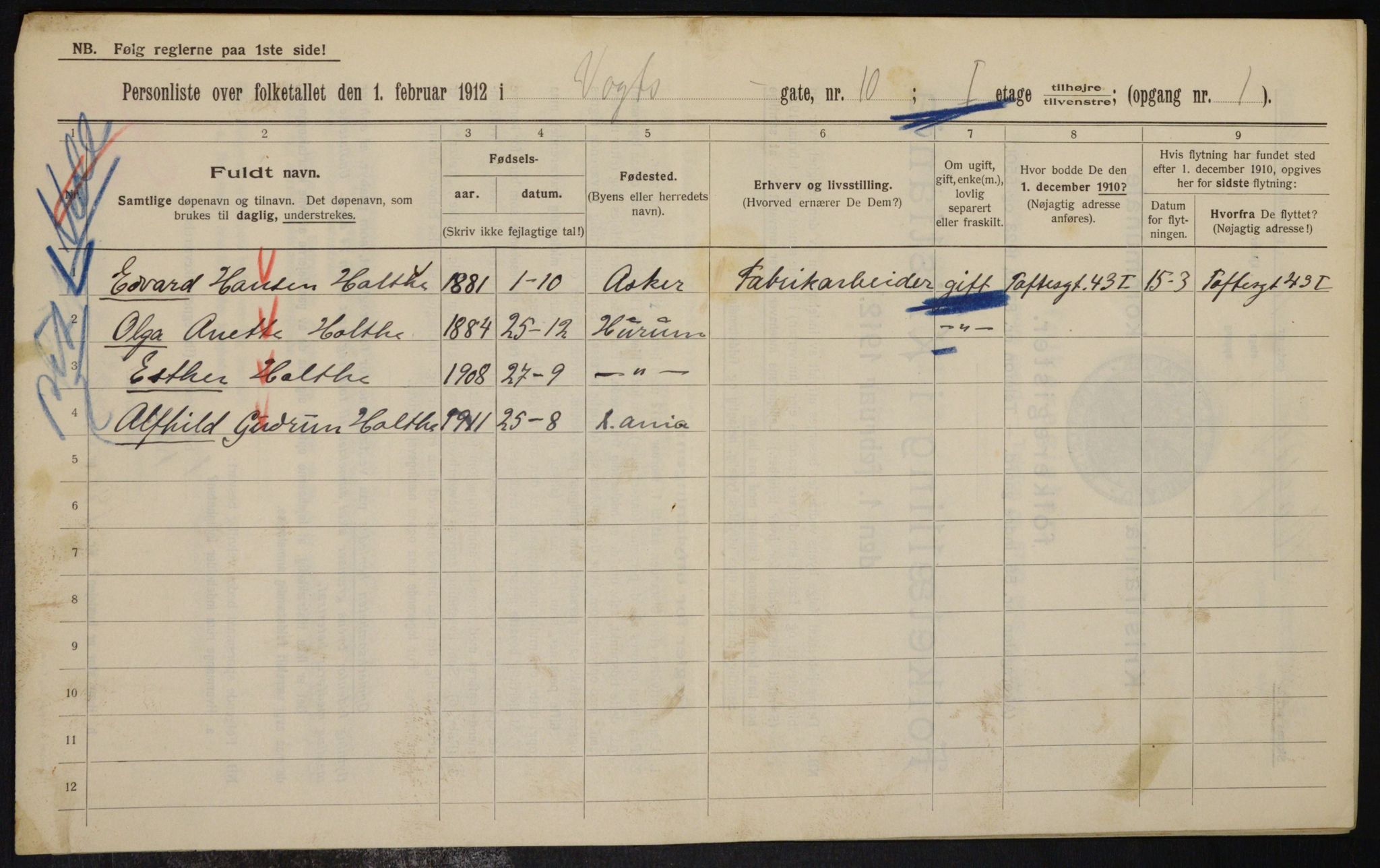 OBA, Kommunal folketelling 1.2.1912 for Kristiania, 1912, s. 124232