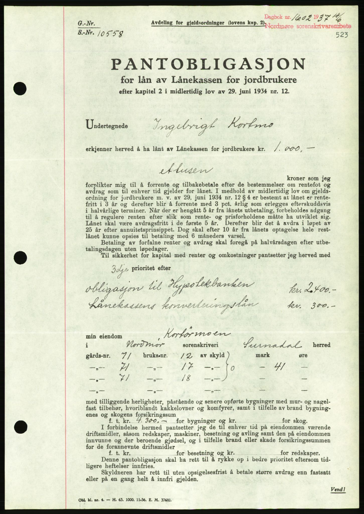 Nordmøre sorenskriveri, AV/SAT-A-4132/1/2/2Ca/L0091: Pantebok nr. B81, 1937-1937, Dagboknr: 1602/1937