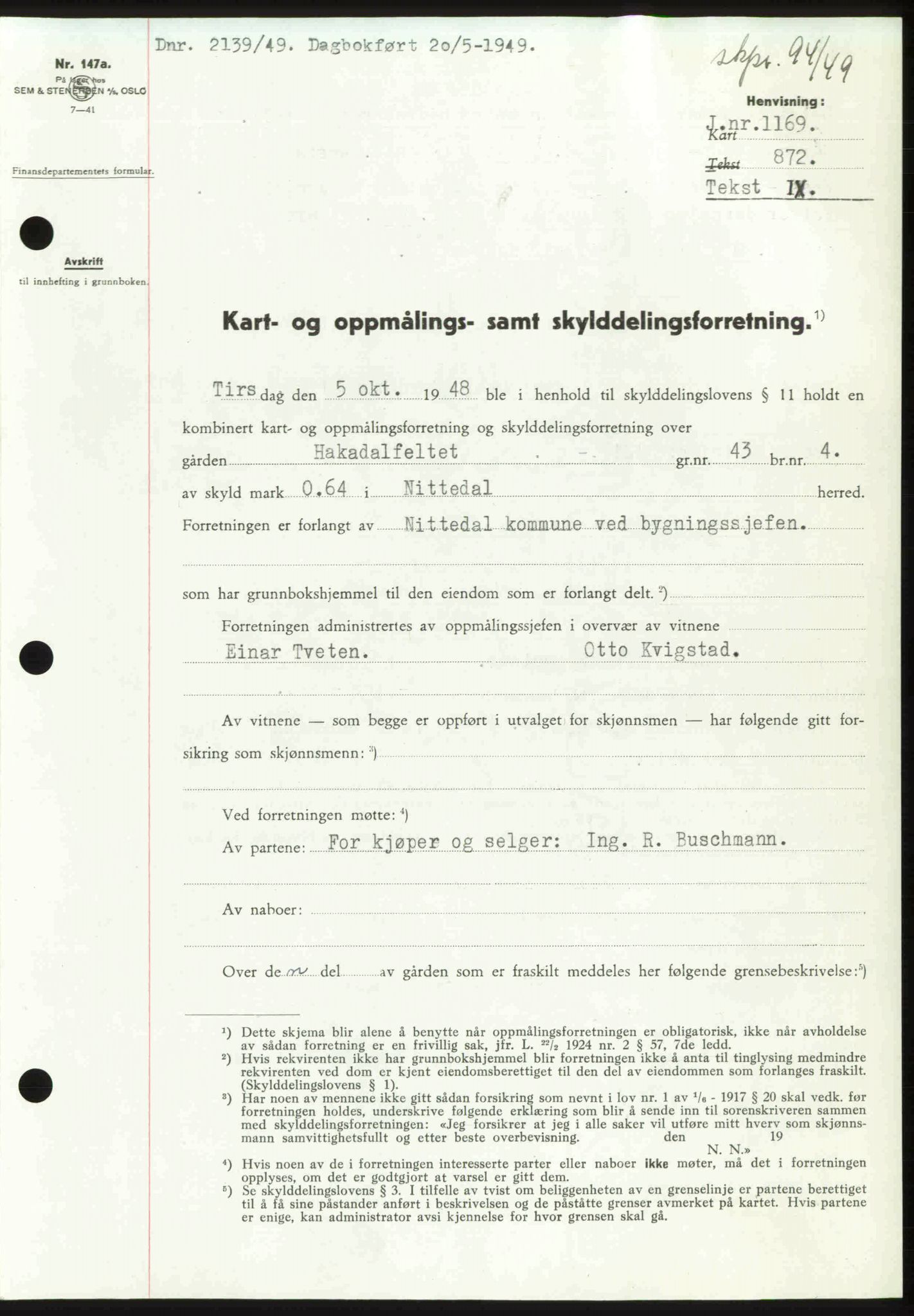 Nedre Romerike sorenskriveri, SAO/A-10469/G/Gb/Gbd/L0025: Pantebok nr. 25, 1949-1949, Dagboknr: 2139/1949