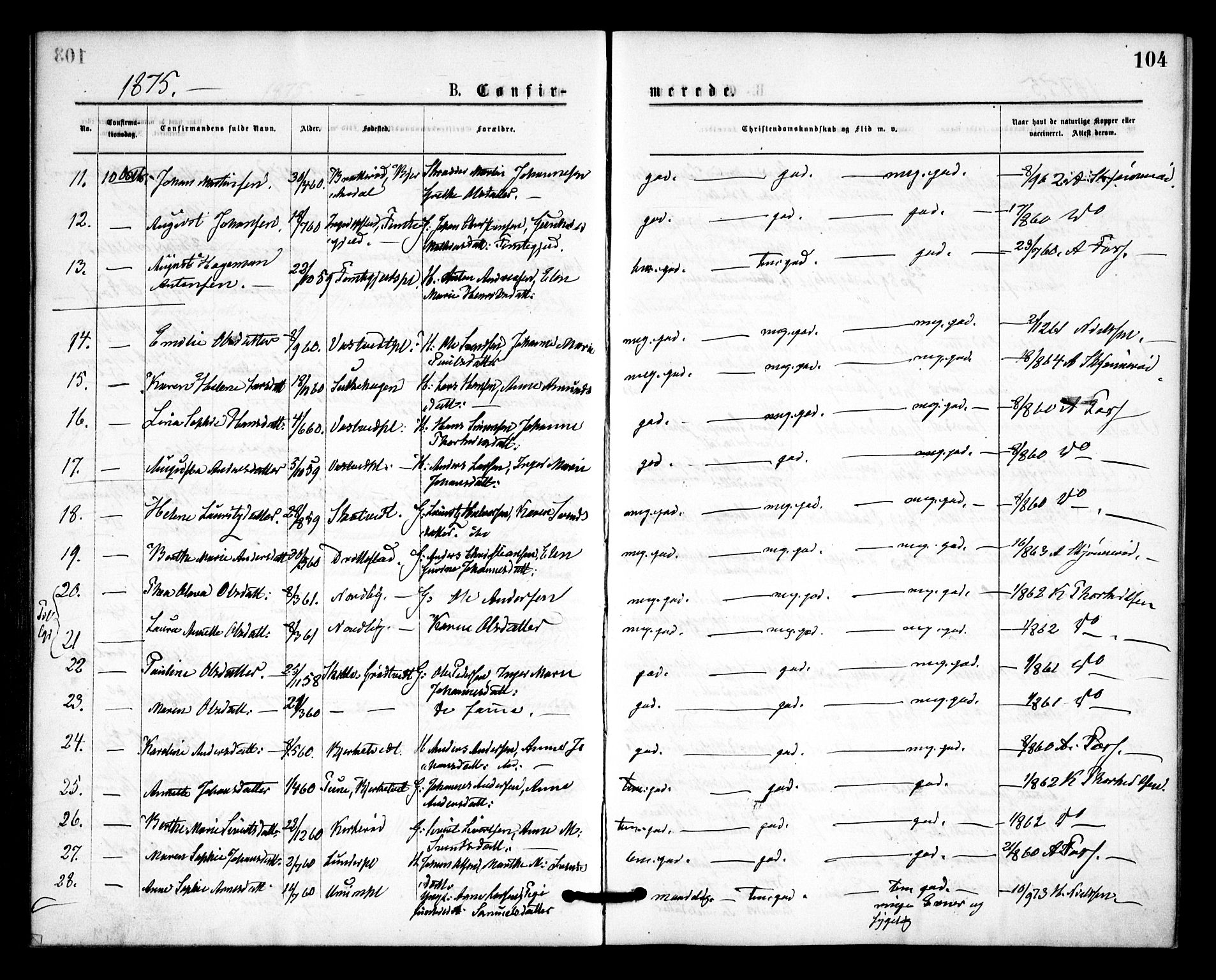 Våler prestekontor Kirkebøker, AV/SAO-A-11083/F/Fa/L0009: Ministerialbok nr. I 9, 1873-1877, s. 104