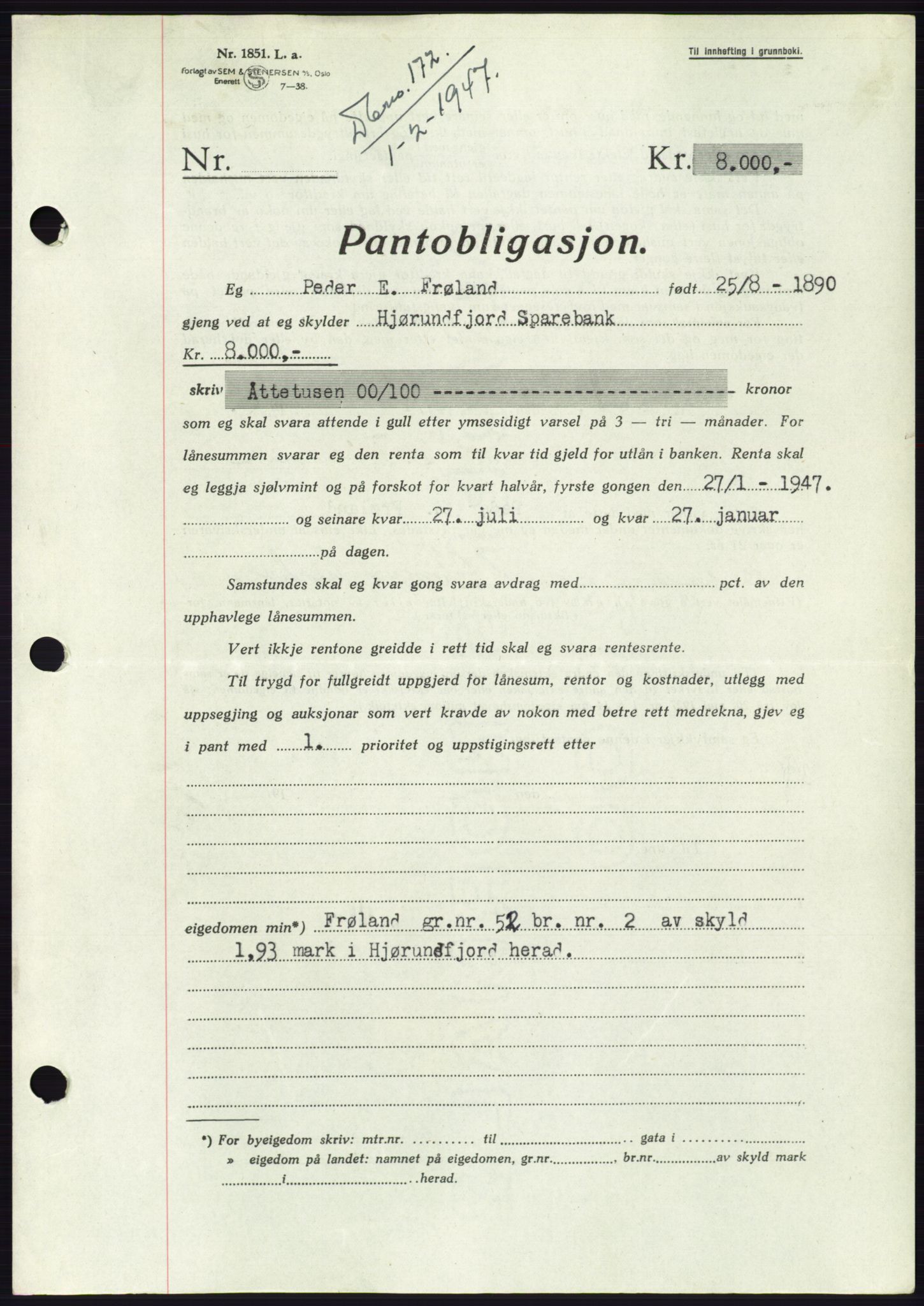 Søre Sunnmøre sorenskriveri, AV/SAT-A-4122/1/2/2C/L0114: Pantebok nr. 1-2B, 1943-1947, Dagboknr: 172/1947