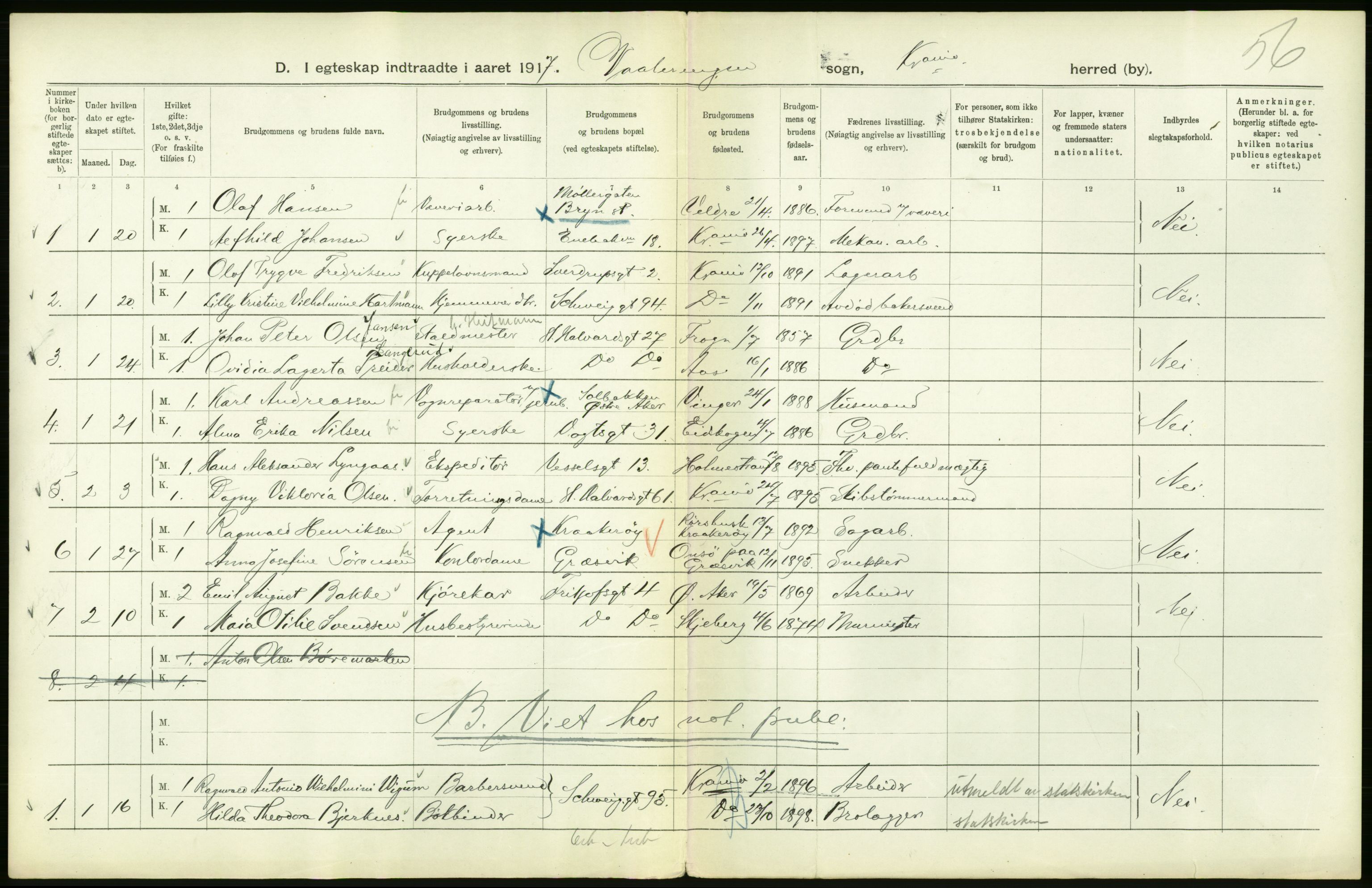 Statistisk sentralbyrå, Sosiodemografiske emner, Befolkning, AV/RA-S-2228/D/Df/Dfb/Dfbg/L0009: Kristiania: Gifte, 1917, s. 70