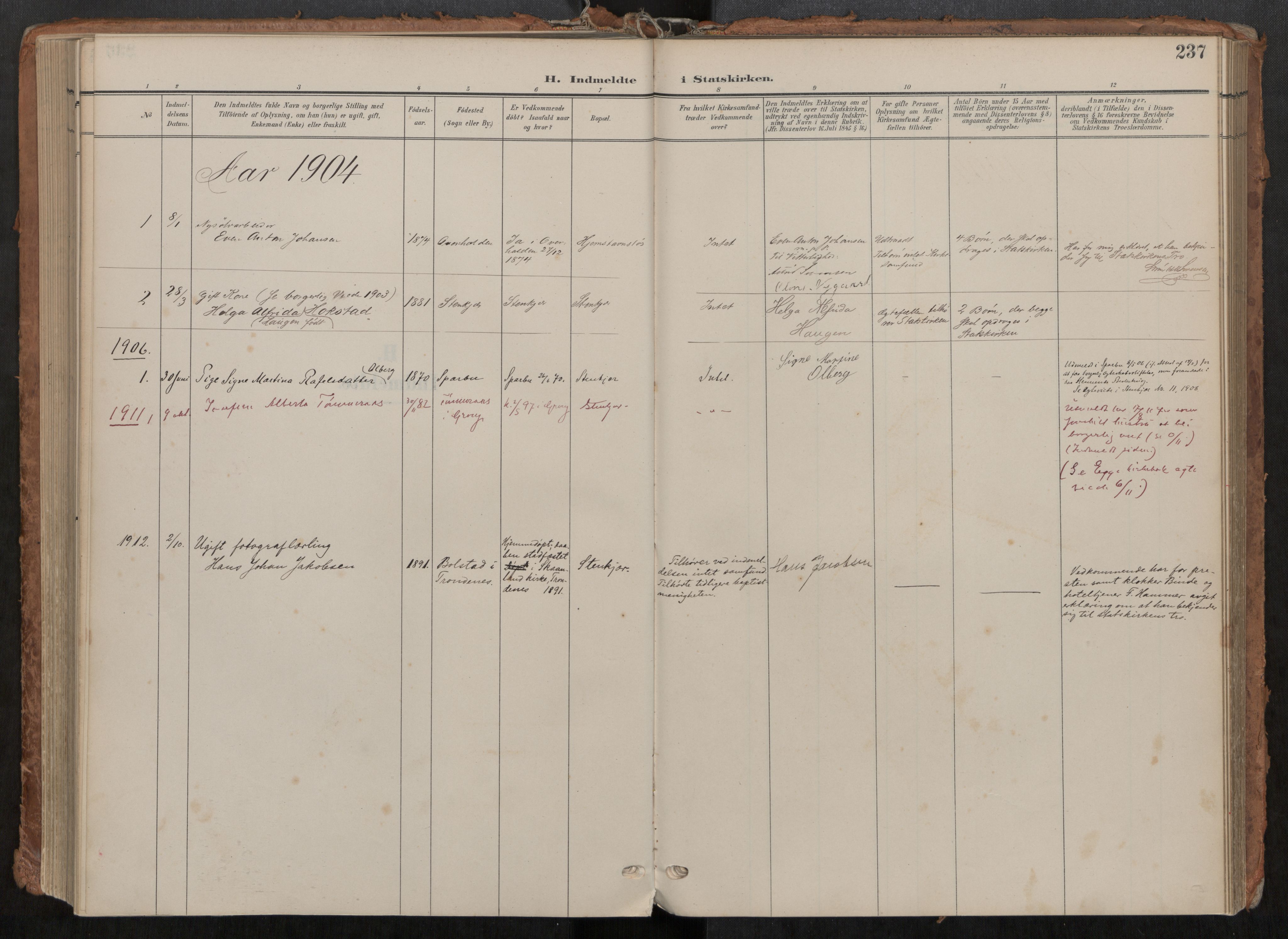 Steinkjer sokneprestkontor, SAT/A-1541/01/H/Ha/Haa/L0001: Ministerialbok nr. 1, 1904-1912, s. 237