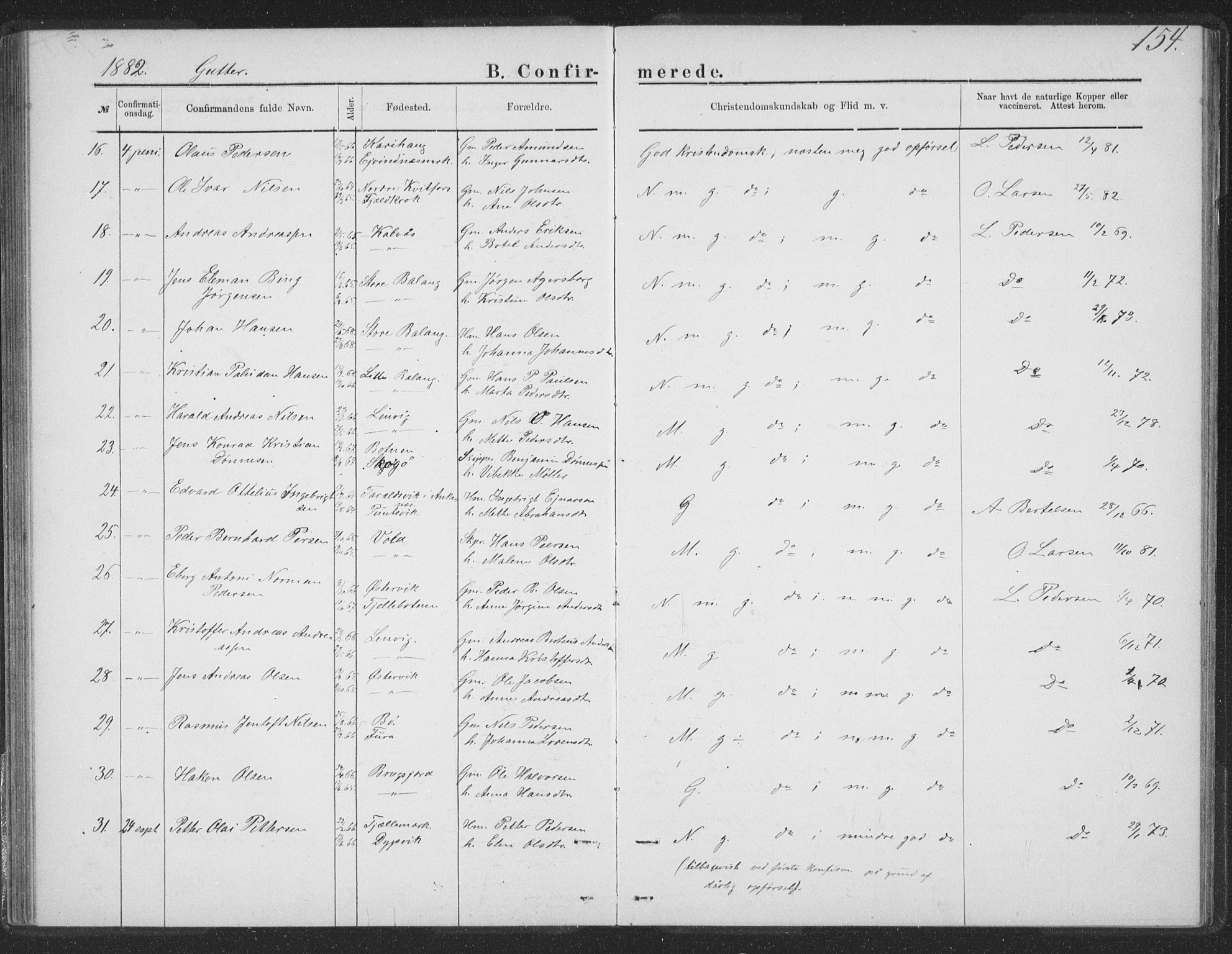 Ministerialprotokoller, klokkerbøker og fødselsregistre - Nordland, AV/SAT-A-1459/863/L0913: Klokkerbok nr. 863C03, 1877-1885, s. 154