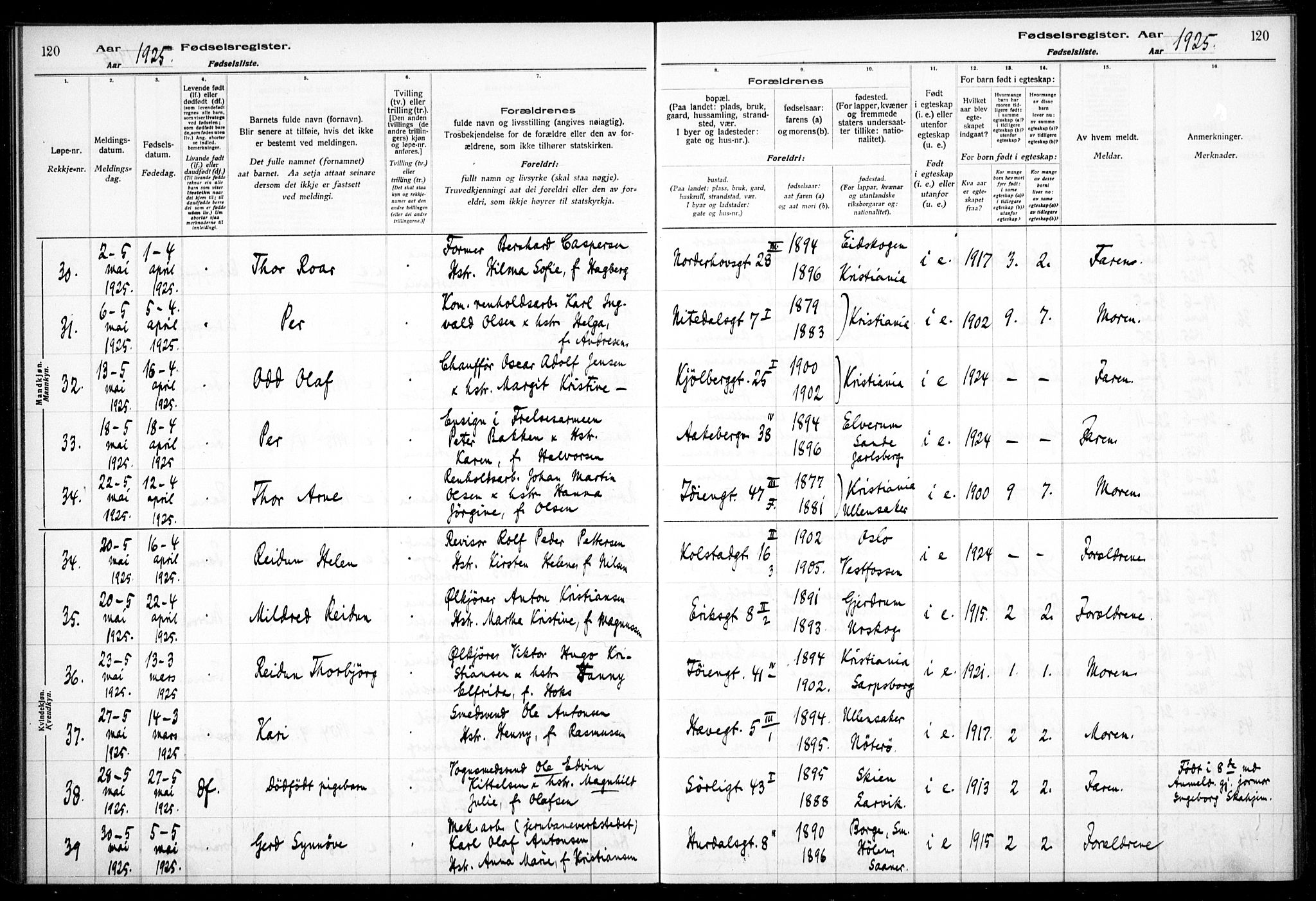 Kampen prestekontor Kirkebøker, AV/SAO-A-10853/J/Ja/L0002: Fødselsregister nr. 2, 1920-1935, s. 120