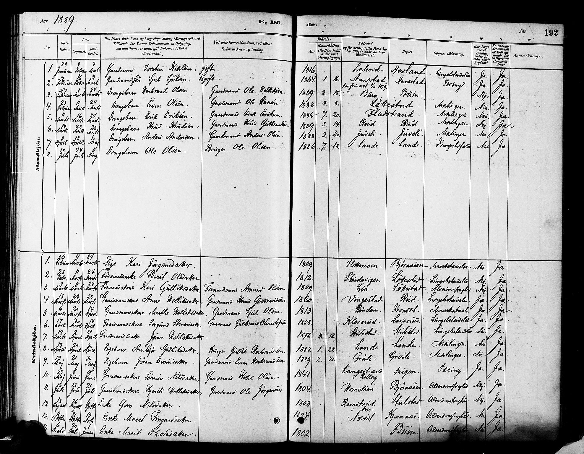 Flesberg kirkebøker, AV/SAKO-A-18/F/Fa/L0008: Ministerialbok nr. I 8, 1879-1899, s. 192