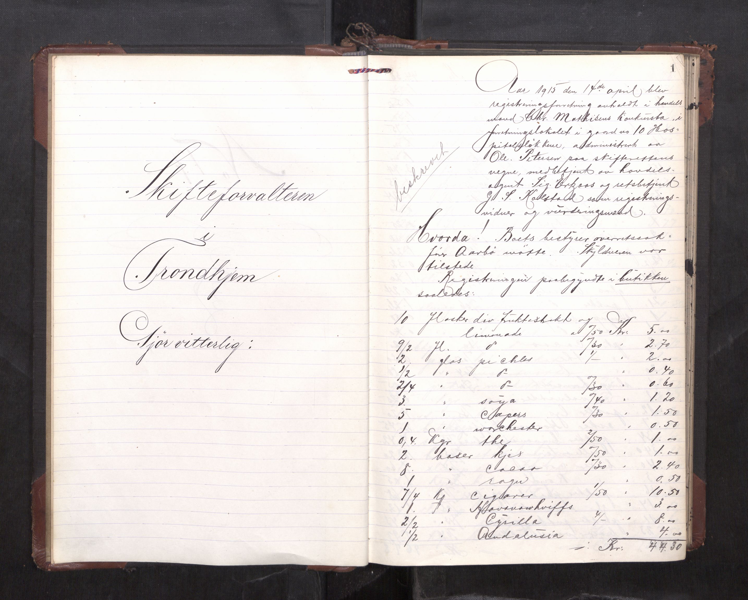 Trondheim byfogd, AV/SAT-A-0003/1/3/3C/L0036: Skifteregistreringsprotokoll - 14/4-24/9. (u/ register), 1915-1918, s. 1