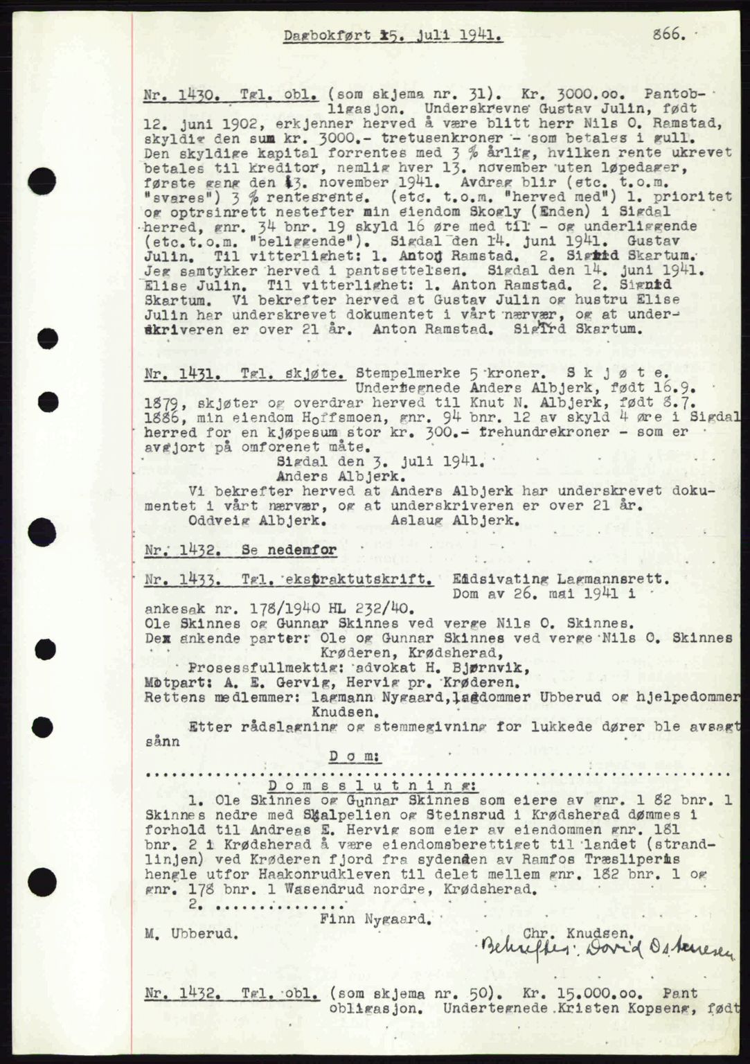 Eiker, Modum og Sigdal sorenskriveri, SAKO/A-123/G/Ga/Gab/L0043: Pantebok nr. A13, 1940-1941, Dagboknr: 1430/1941