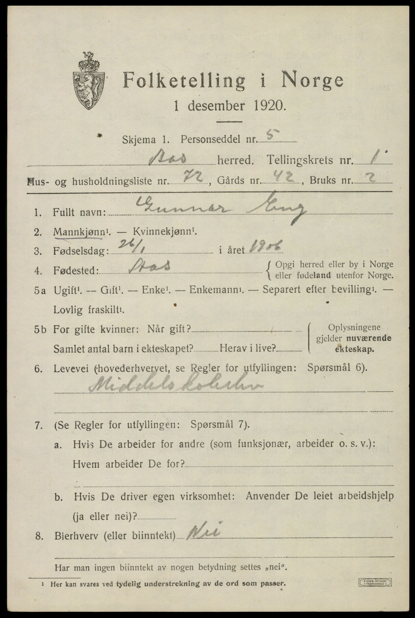 SAO, Folketelling 1920 for 0214 Ås herred, 1920, s. 2084