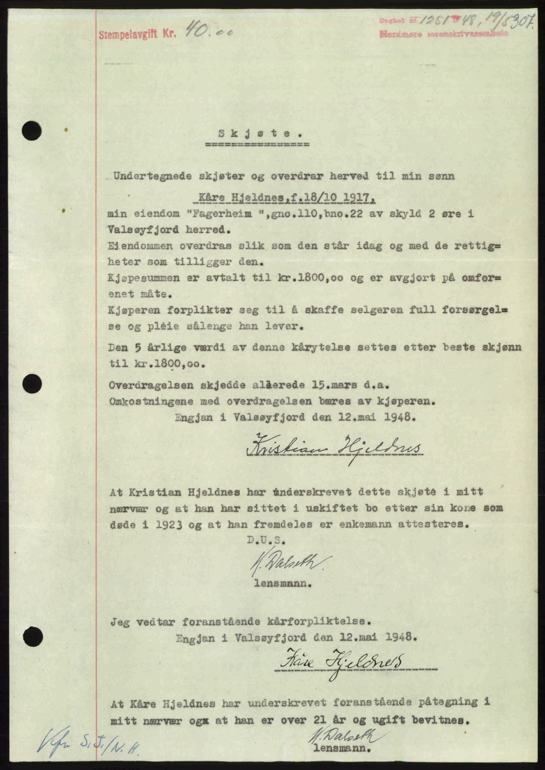 Nordmøre sorenskriveri, SAT/A-4132/1/2/2Ca: Pantebok nr. A108, 1948-1948, Dagboknr: 1251/1948