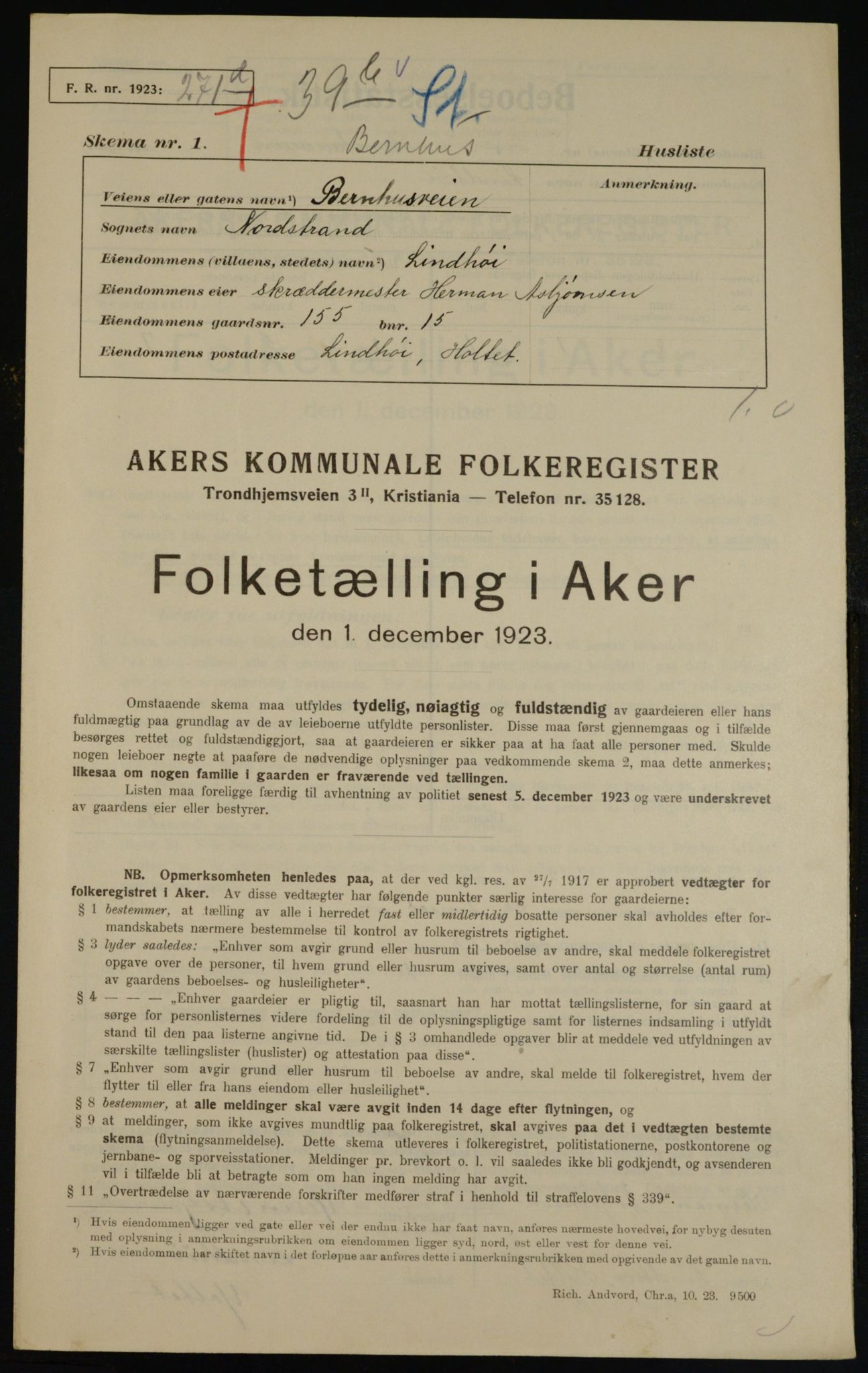 , Kommunal folketelling 1.12.1923 for Aker, 1923, s. 36838