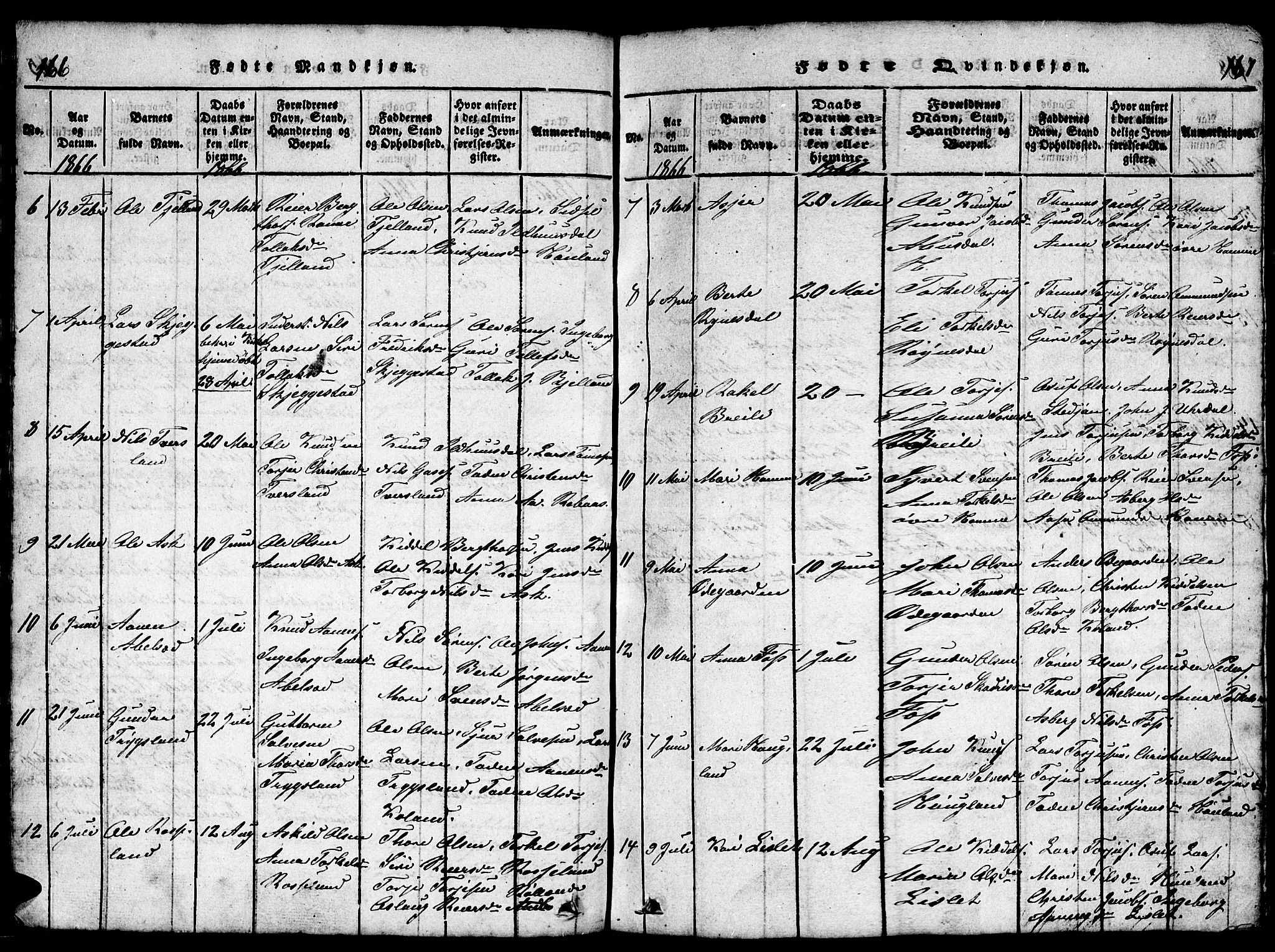 Bjelland sokneprestkontor, AV/SAK-1111-0005/F/Fb/Fba/L0003: Klokkerbok nr. B 3, 1816-1870, s. 166-167