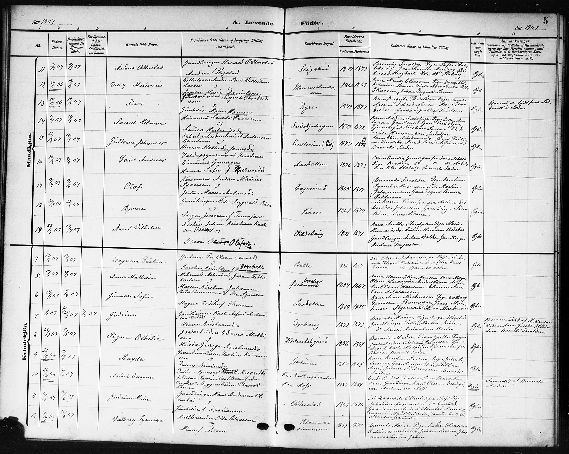Rygge prestekontor Kirkebøker, AV/SAO-A-10084b/G/Ga/L0003: Klokkerbok nr. 3, 1906-1921, s. 5