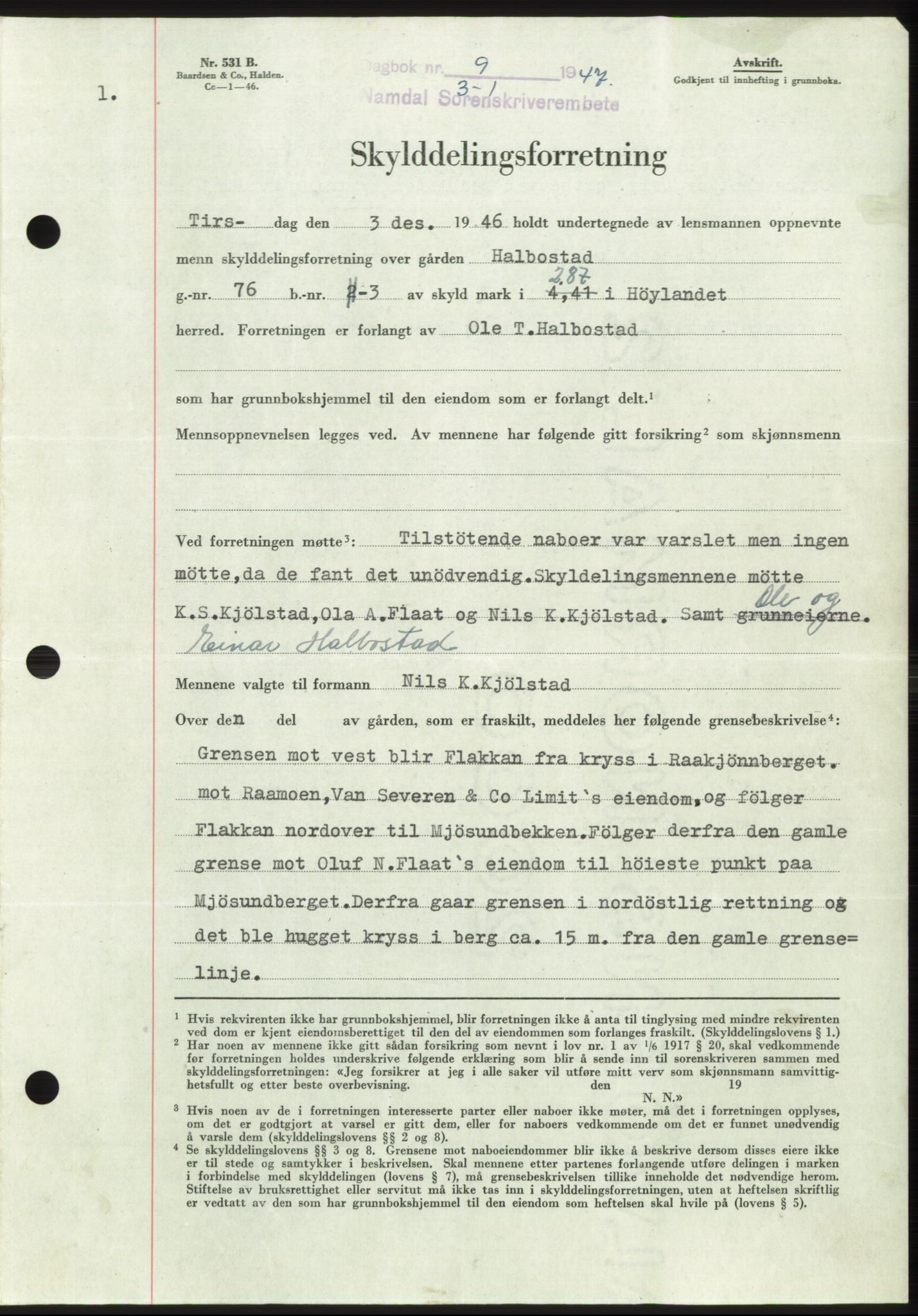 Namdal sorenskriveri, SAT/A-4133/1/2/2C: Pantebok nr. -, 1946-1947, Dagboknr: 9/1947