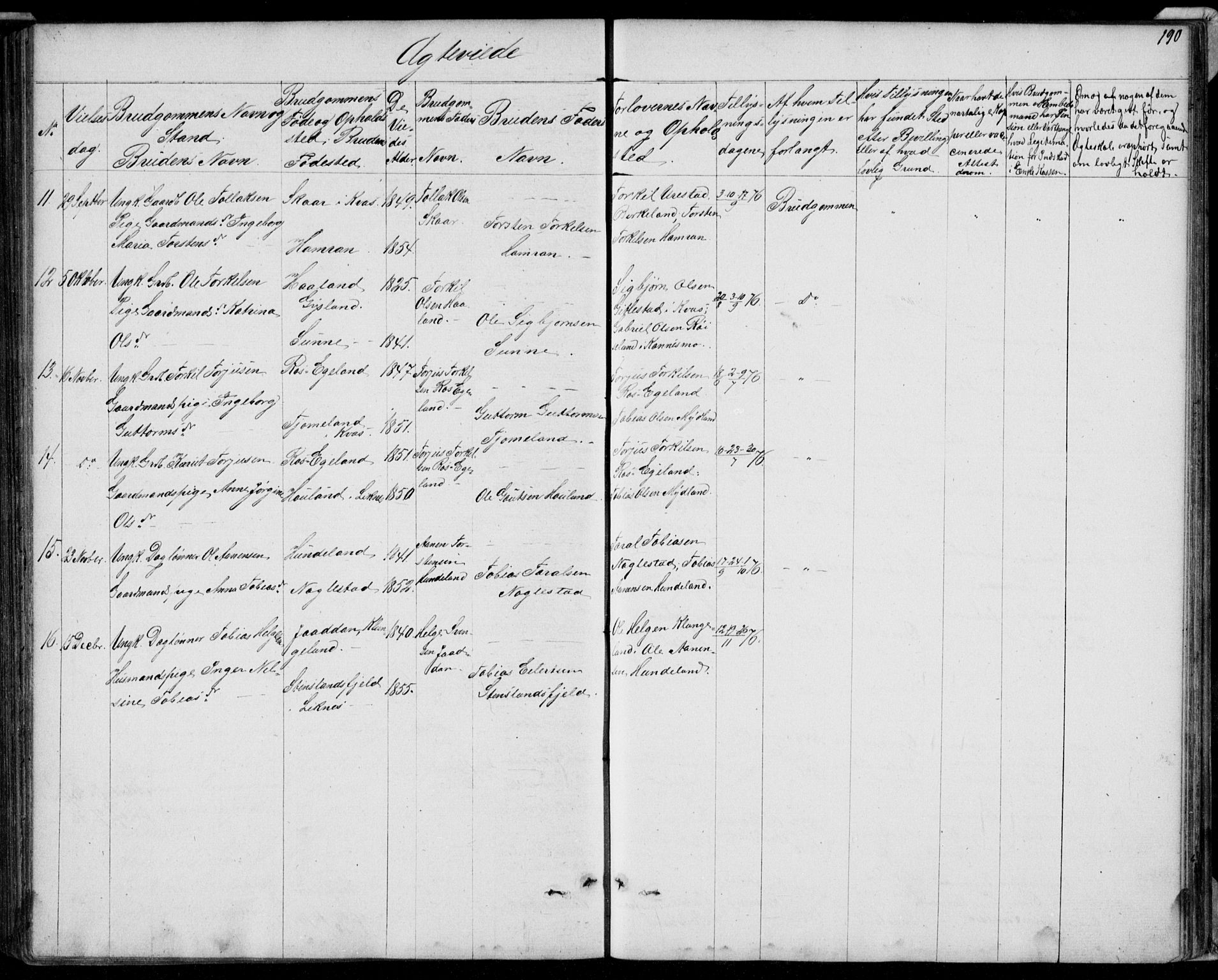 Hægebostad sokneprestkontor, SAK/1111-0024/F/Fb/Fba/L0002: Klokkerbok nr. B 2, 1851-1882, s. 190