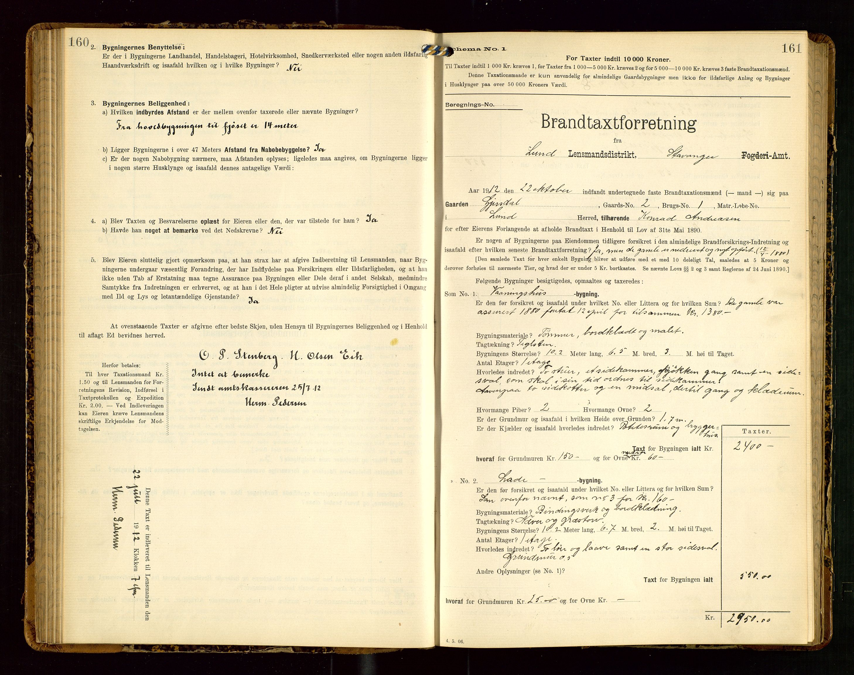 Lund lensmannskontor, AV/SAST-A-100303/Gob/L0002: "Brandtakstprotokol", 1908-1918, s. 160-161