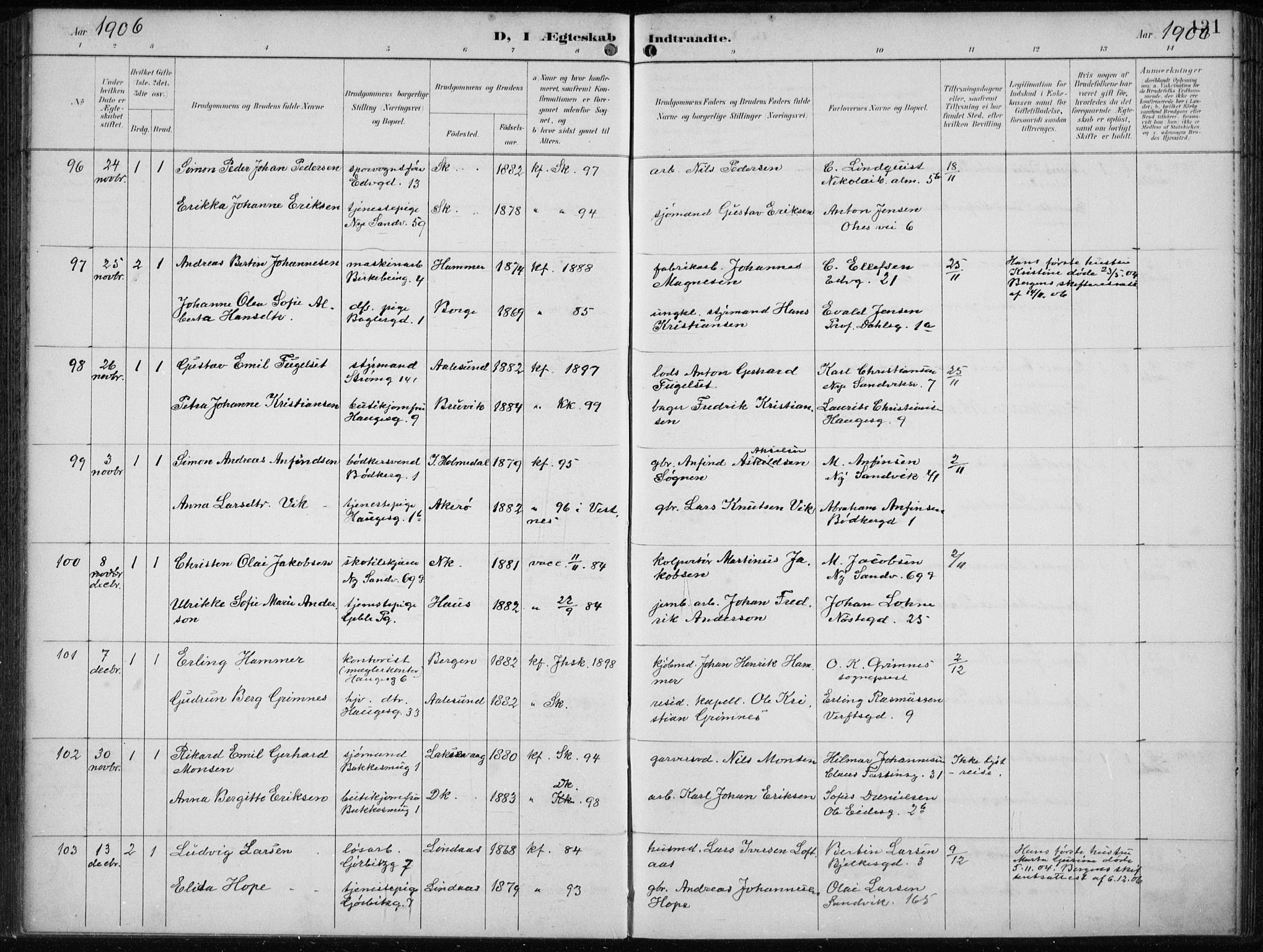 Sandviken Sokneprestembete, AV/SAB-A-77601/H/Ha/L0014: Ministerialbok nr. D 1, 1896-1911, s. 131