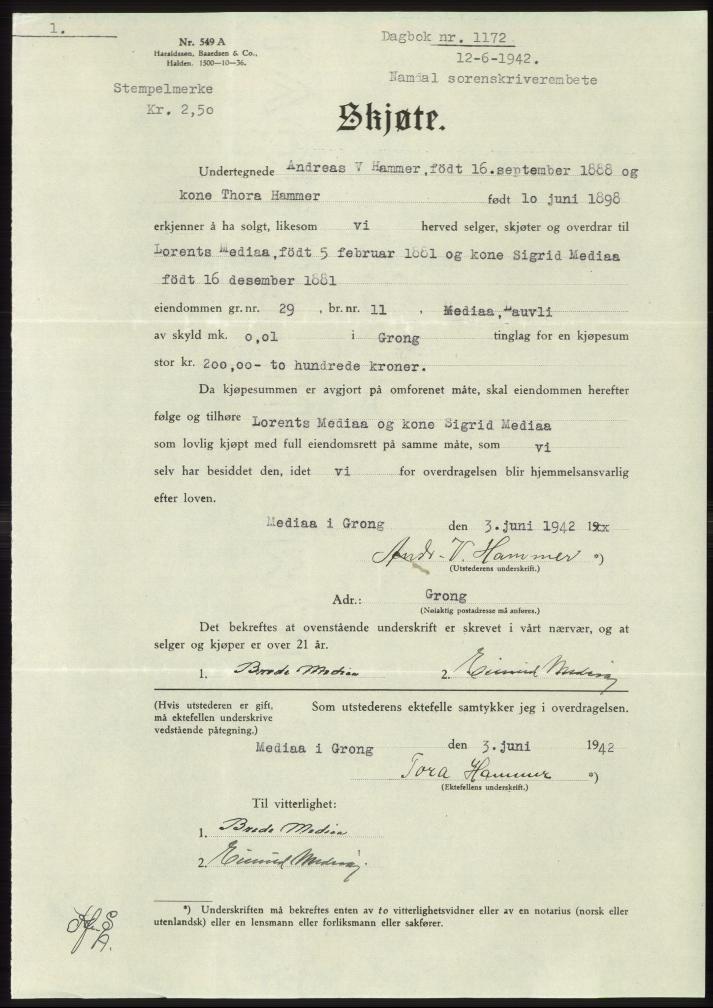 Namdal sorenskriveri, SAT/A-4133/1/2/2C: Pantebok nr. -, 1941-1942, Dagboknr: 1172/1942
